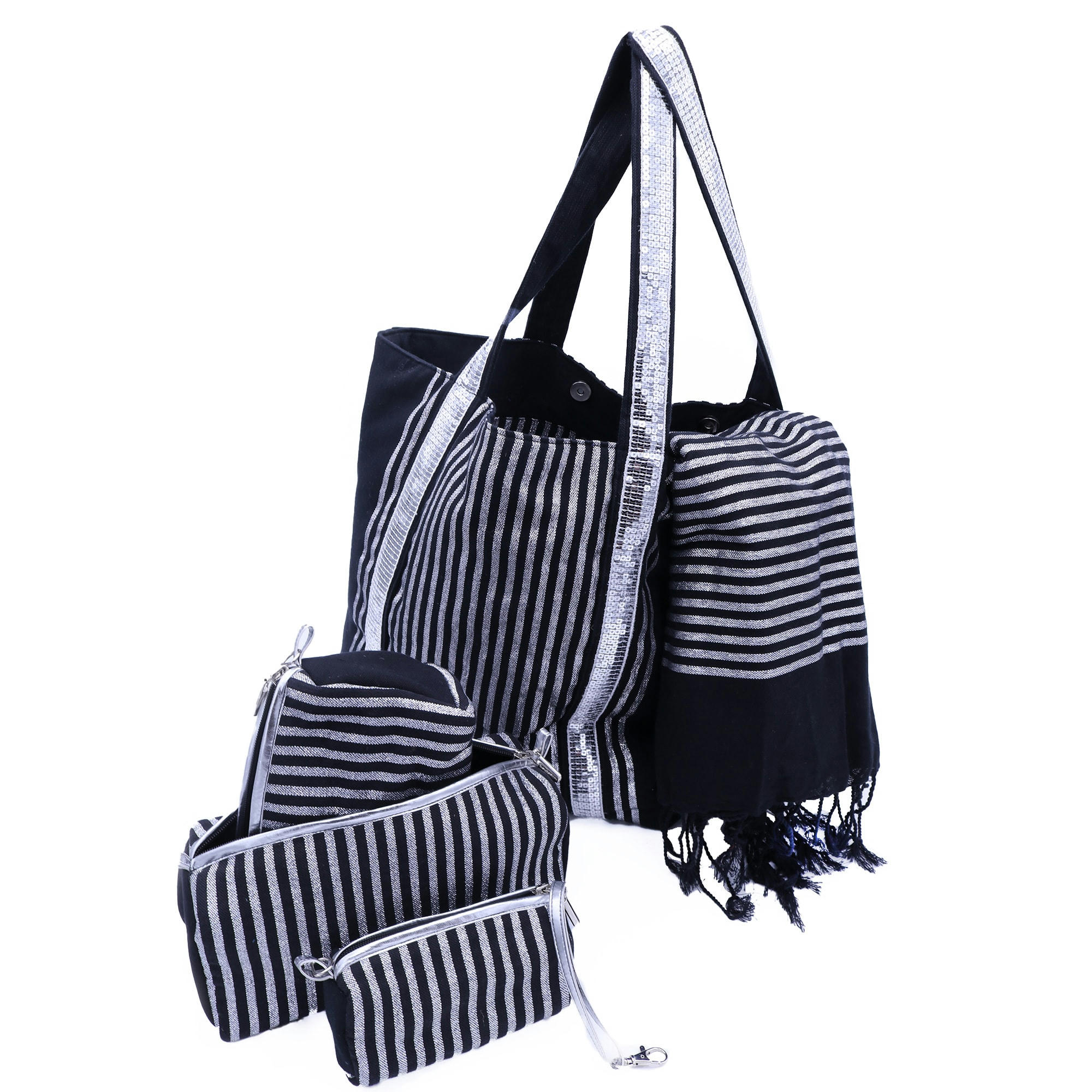 - Ensemble sac cabas et accessoires en coton fouta noir et lurex argent