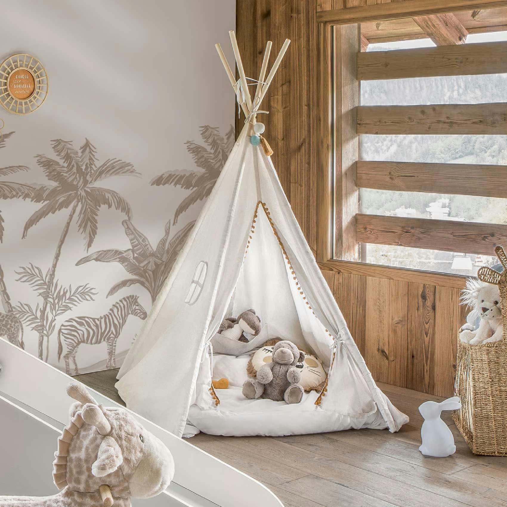 - Tipi enfant à pompons ronds beige 120x120x160