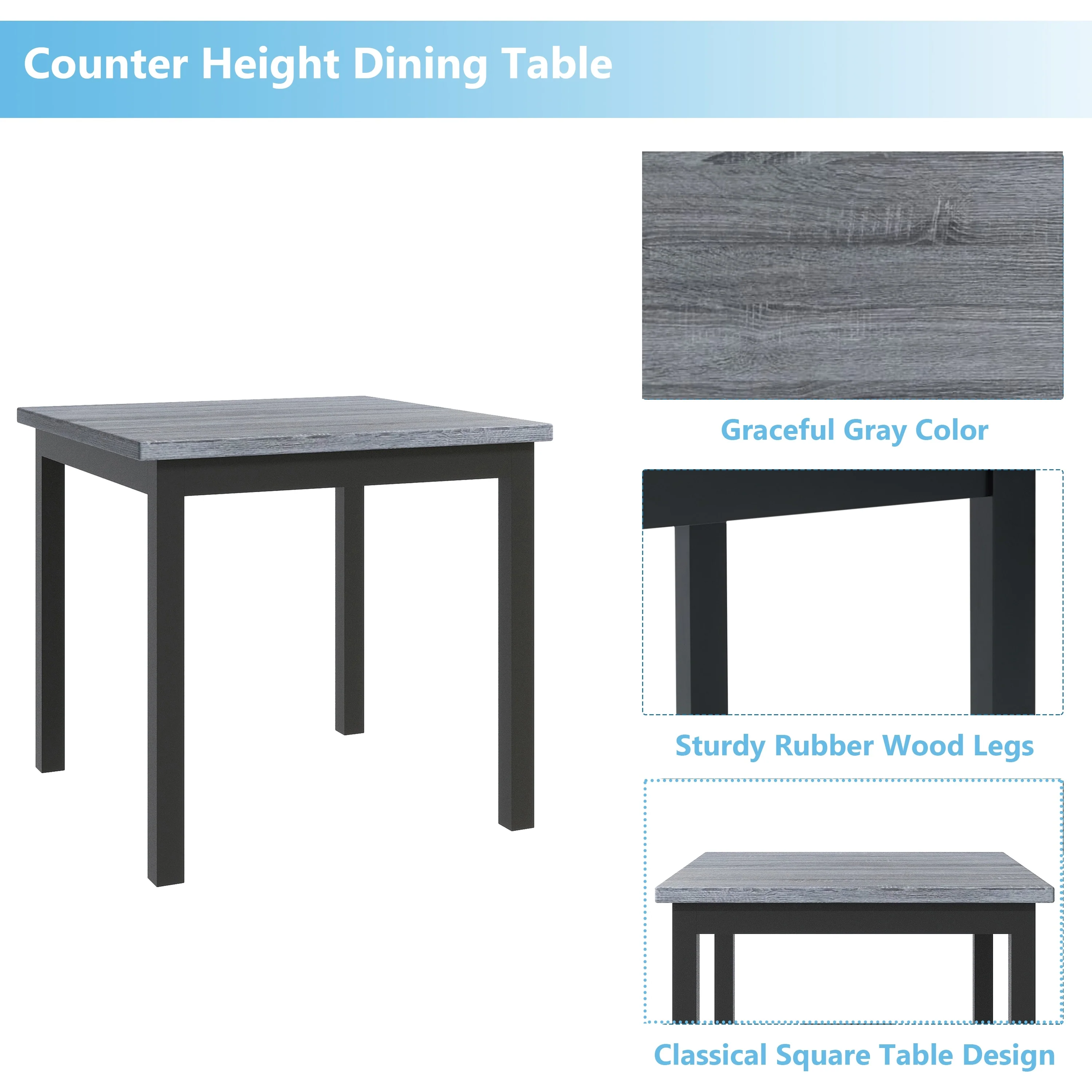5-Piece Counter Height Wooden Dining Table Set with Square Table & 4 Chairs