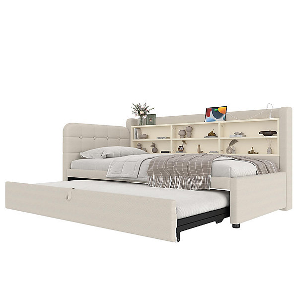 Canapé-lit gigogne 90x200 cm, USB/Type-C, rangement, sommier lattes, lin - beige