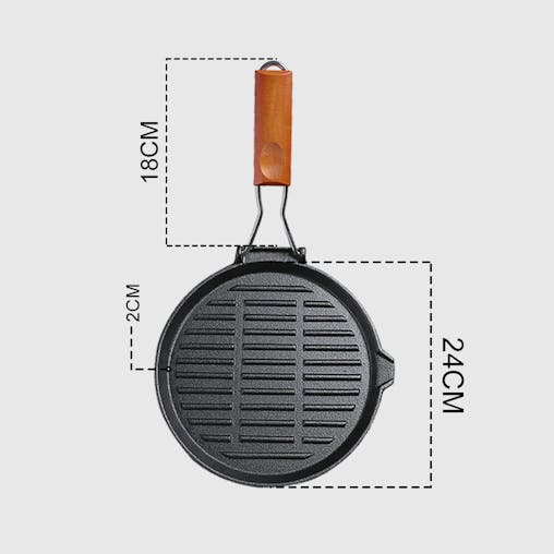 SOGA 24cm Round Ribbed Cast Iron Steak Frying Grill Skillet Pan with Folding Wooden Handle