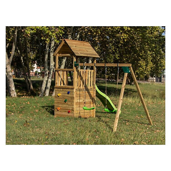 Aire de jeux Masgames TIBIDABO L toit en bois avec balançoire Maison avec escalade : Maison à la base et mur d'escalade