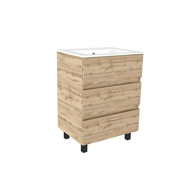 Ensemble sous vasque à poser effet chêne industriel 3 tiroirs   vasque blanche, l.60 cm, Galedo Timber