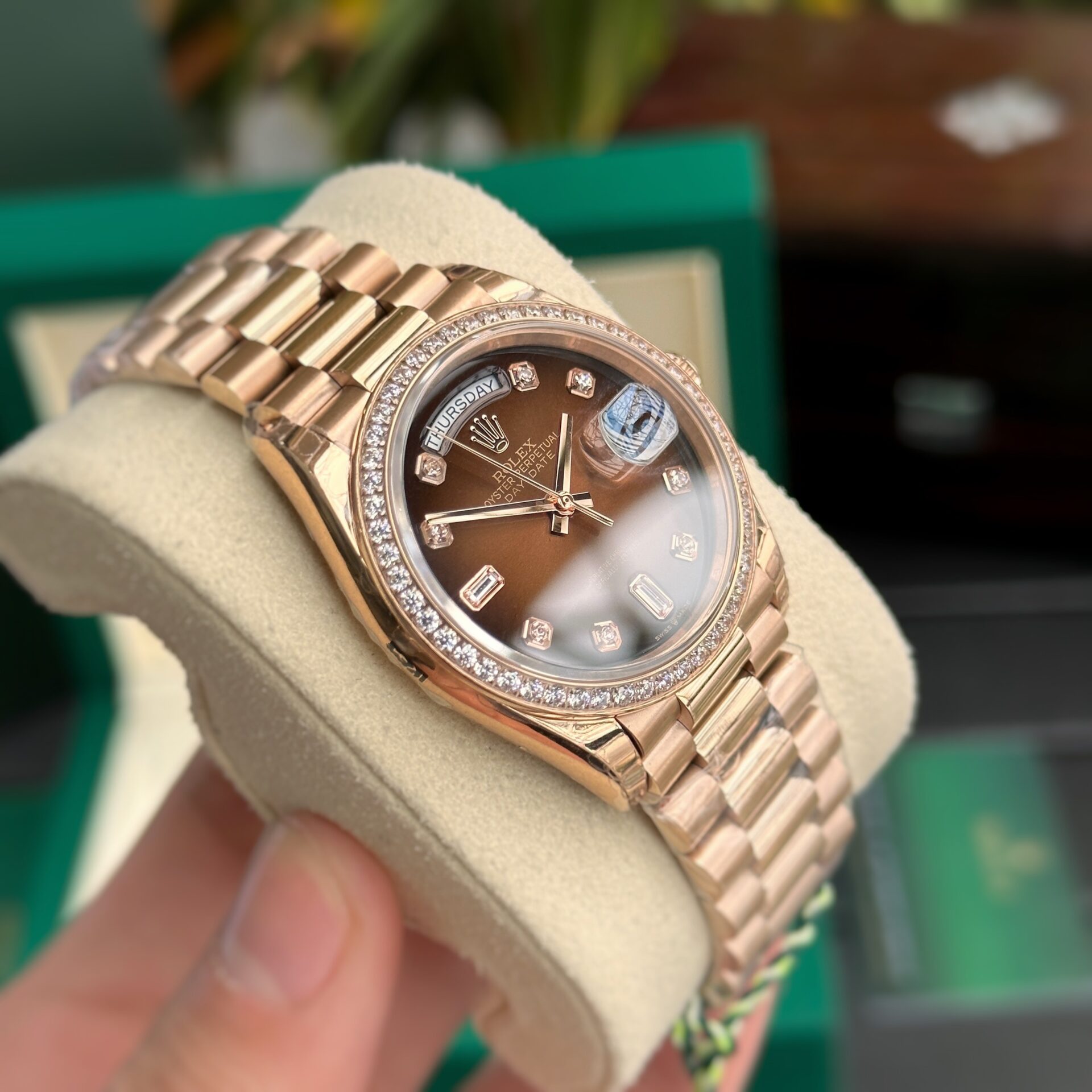 Rolex Day-Date RG Plated Chocolate Dial CZ Diamonds 36mm Replica