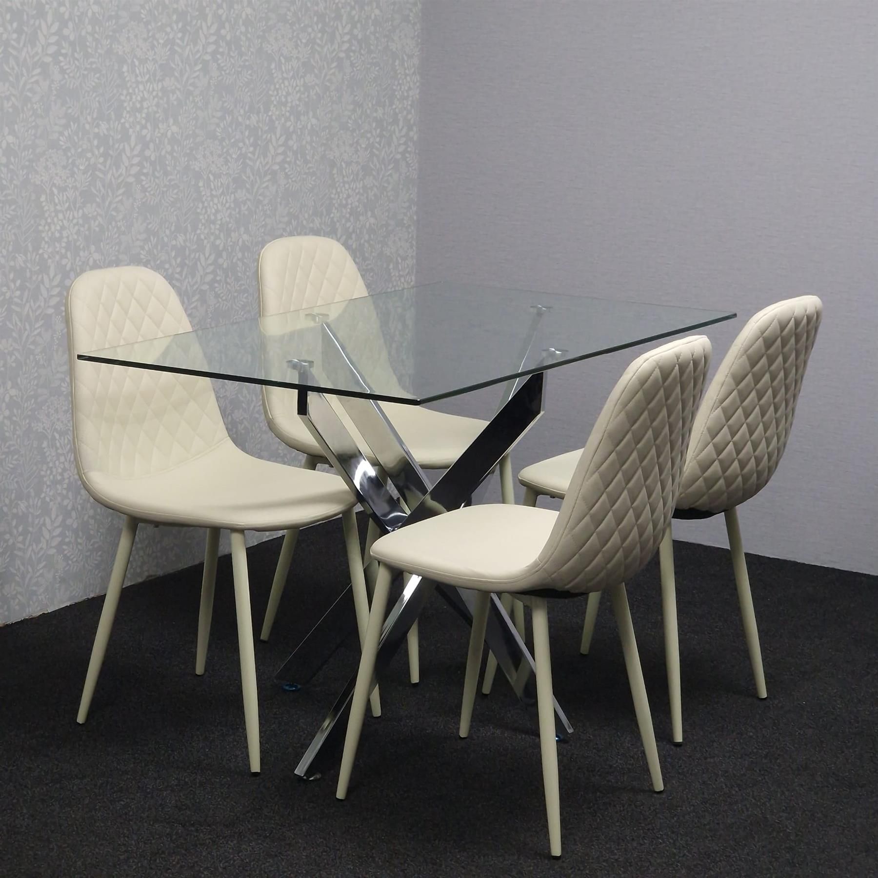 KOSY KOALA Modern Rectangle Glass Dining Table Set With 4 Cream Gem Pattern Chair