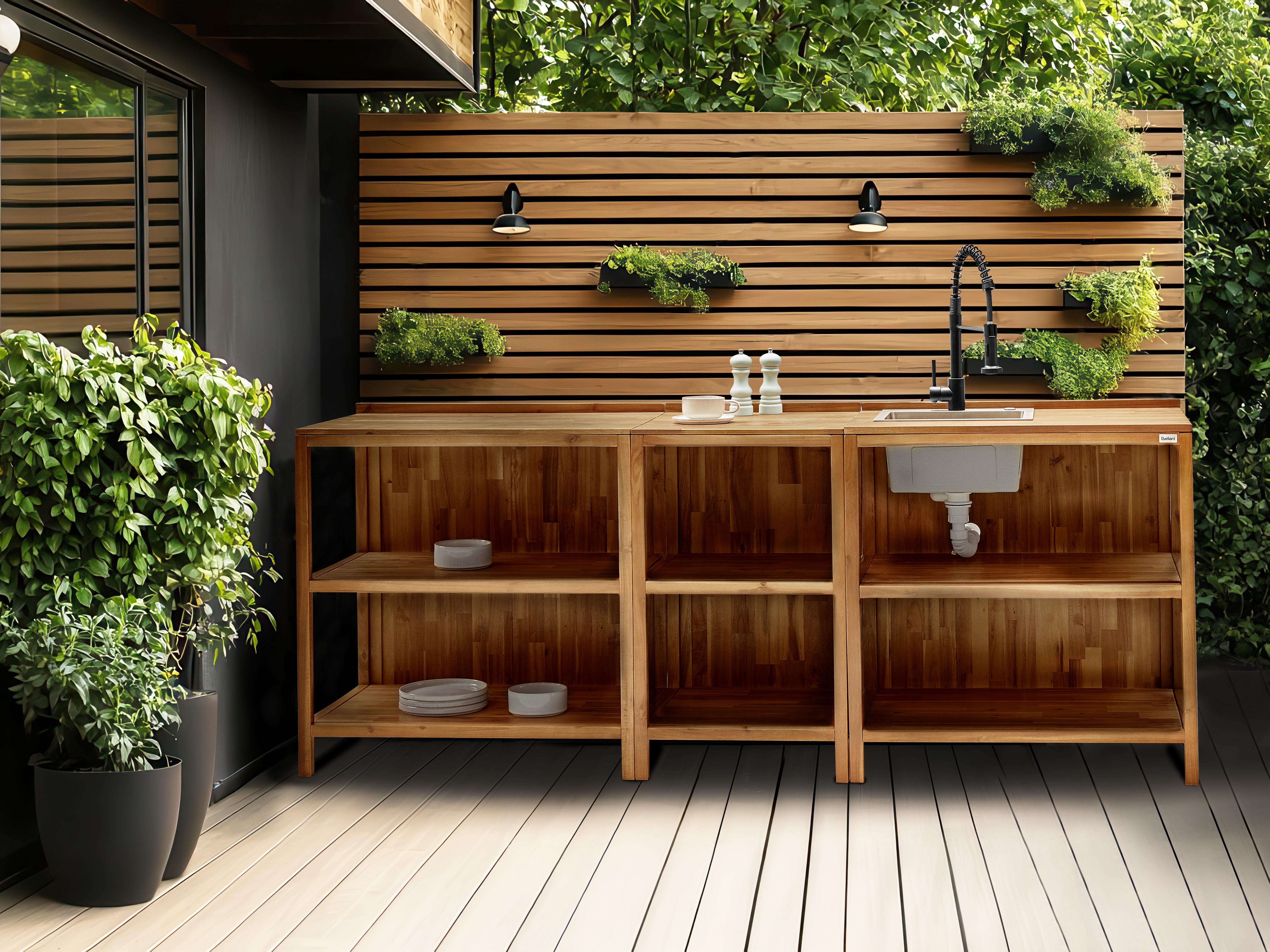 3 Piece Outdoor Kitchen Set with Sink VENOSA Acacia Wood Brown/ Black