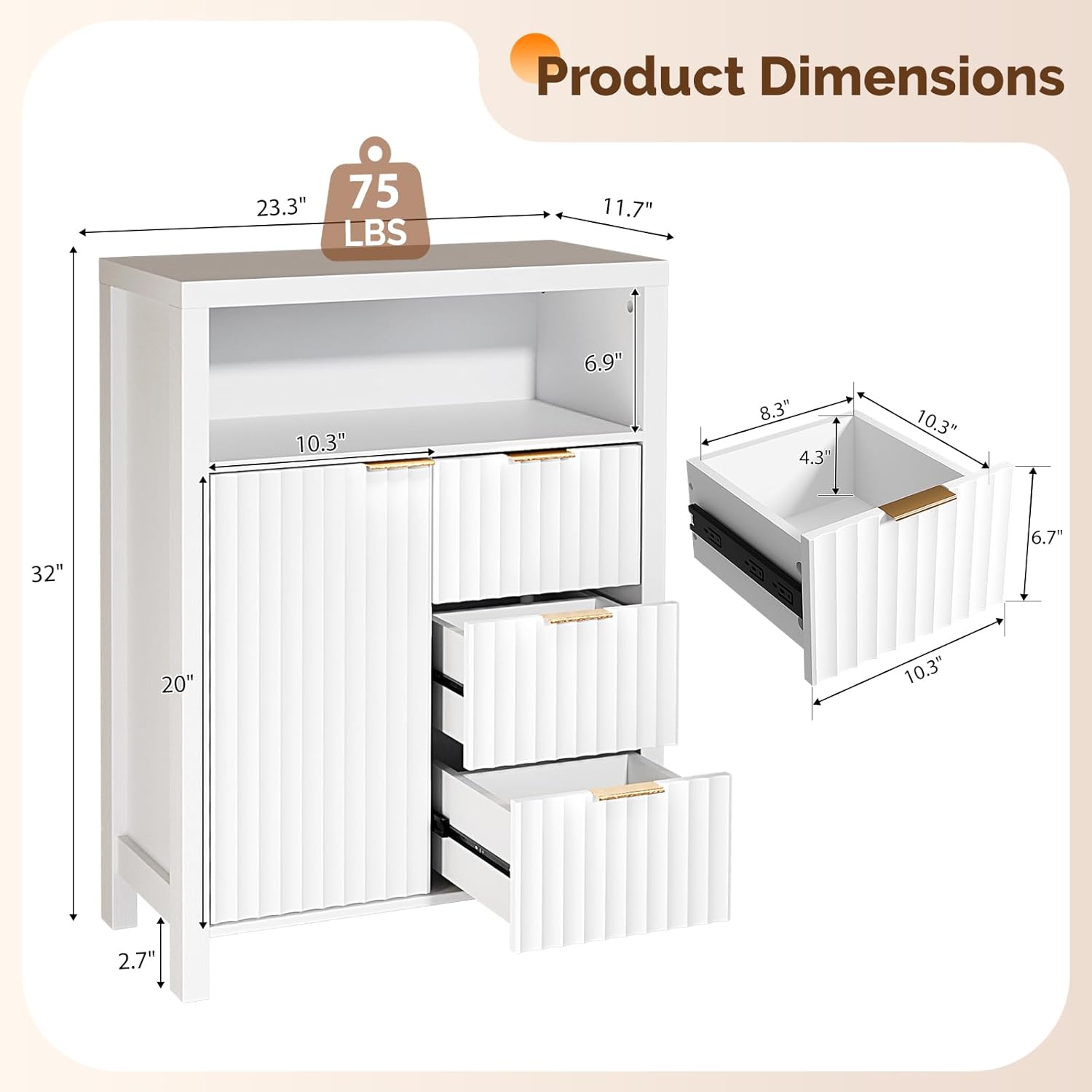 VINGLI Bathroom Floor Storage Cabinet with 3 Drawers, Modern 32 Freestanding Short Storage Organizer with Fluted Door & Adjustable Shelf, 12 Inch Deep White Wooden Console for Small Space