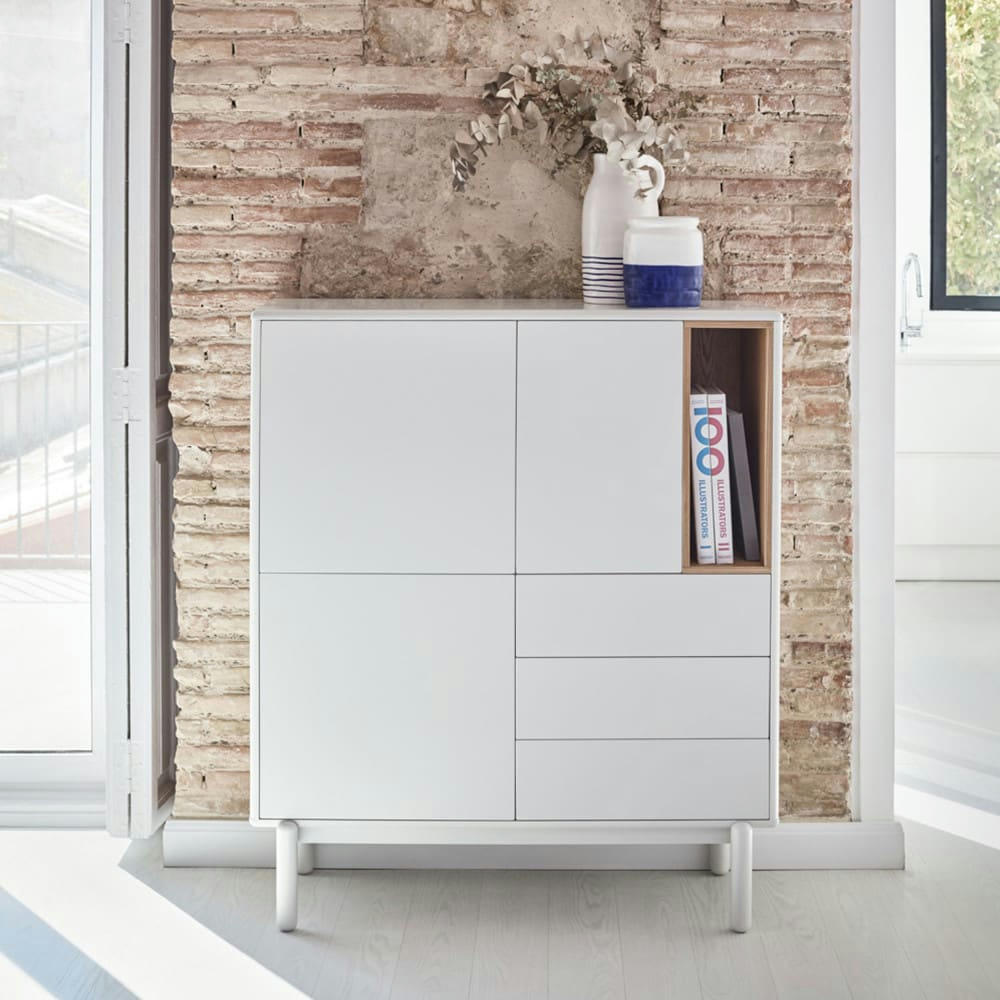 CORVO - Buffet haut 3 portes 3 tiroirs en bois L100cm blanc