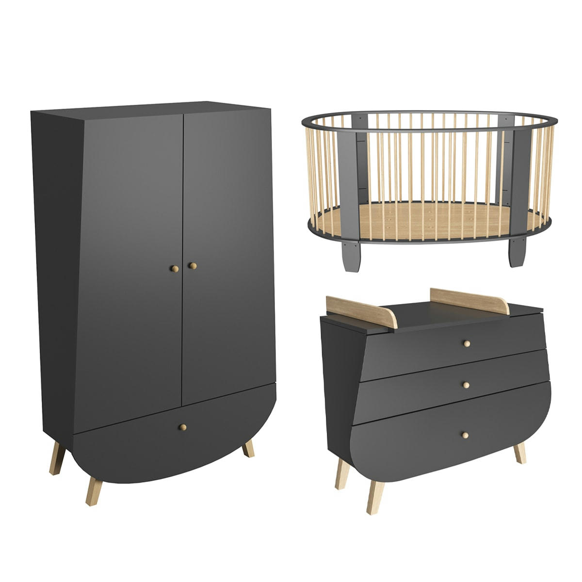 TRIO - COCON - Chambre bébé : Trio - lit bébé 60x120 commode armoire gris anthracite