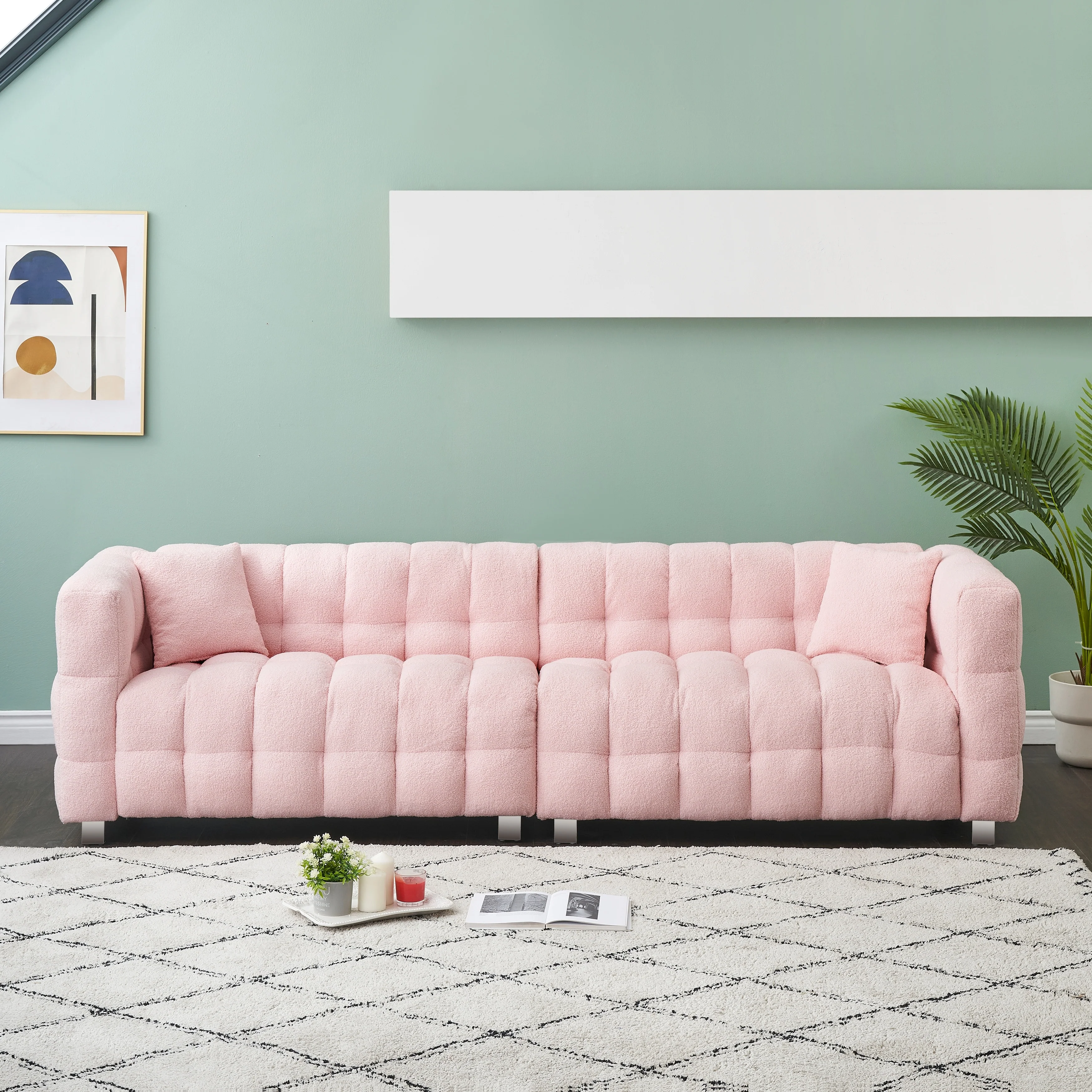 Pink 102'' Teddy Fleece 4-Seater Sofa with Throw Pillows and Metal Feet