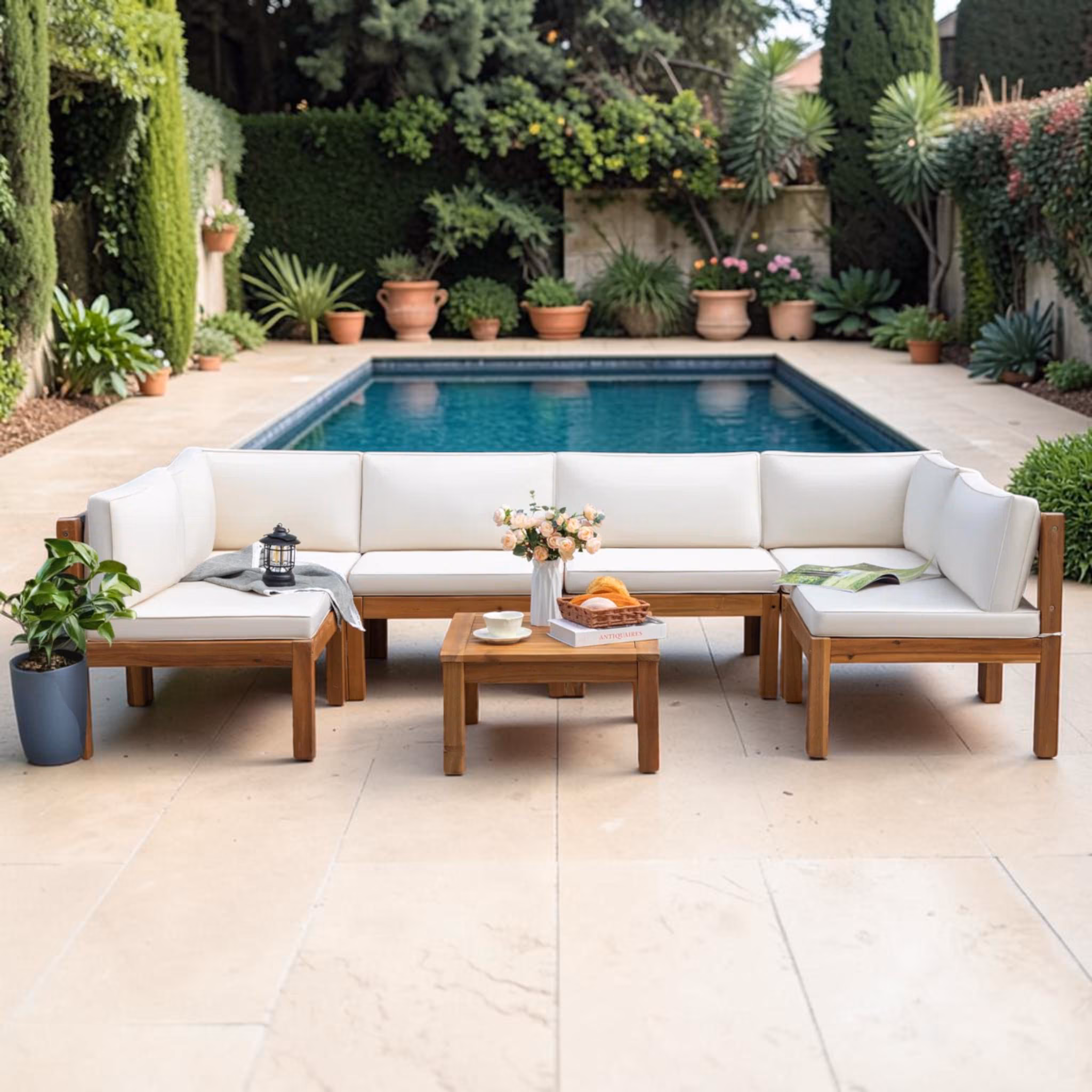 Modular Acacia Wood Outdoor Sectional Sofa Set, 6 Person Patio Conversation Seating Group
