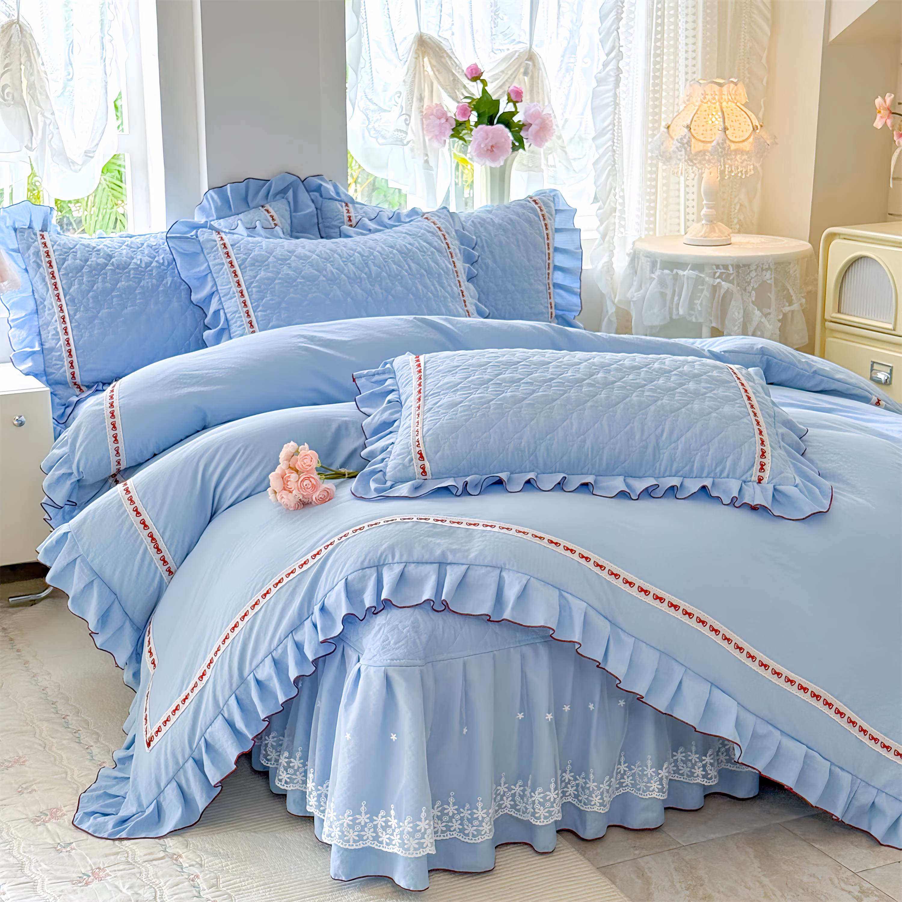 French Style Cotton Lace Bedding Set - Luxury 4 Piece Romantic Bed Sheets