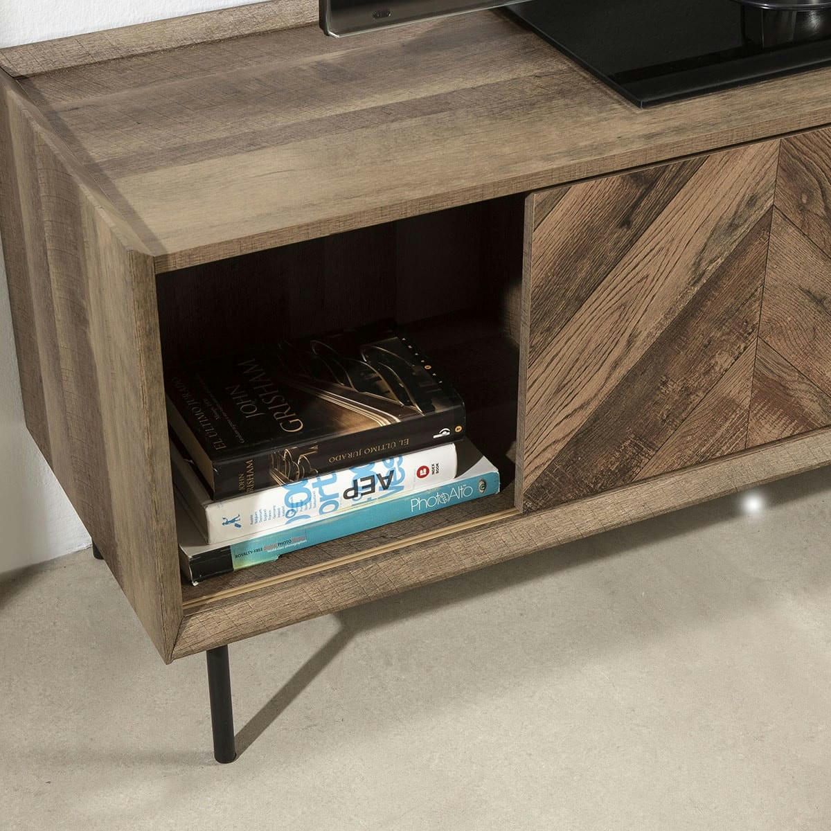 MARIO - Meuble TV 2 portes 2 tiroirs effet chêne à chevrons / noir 147 cm