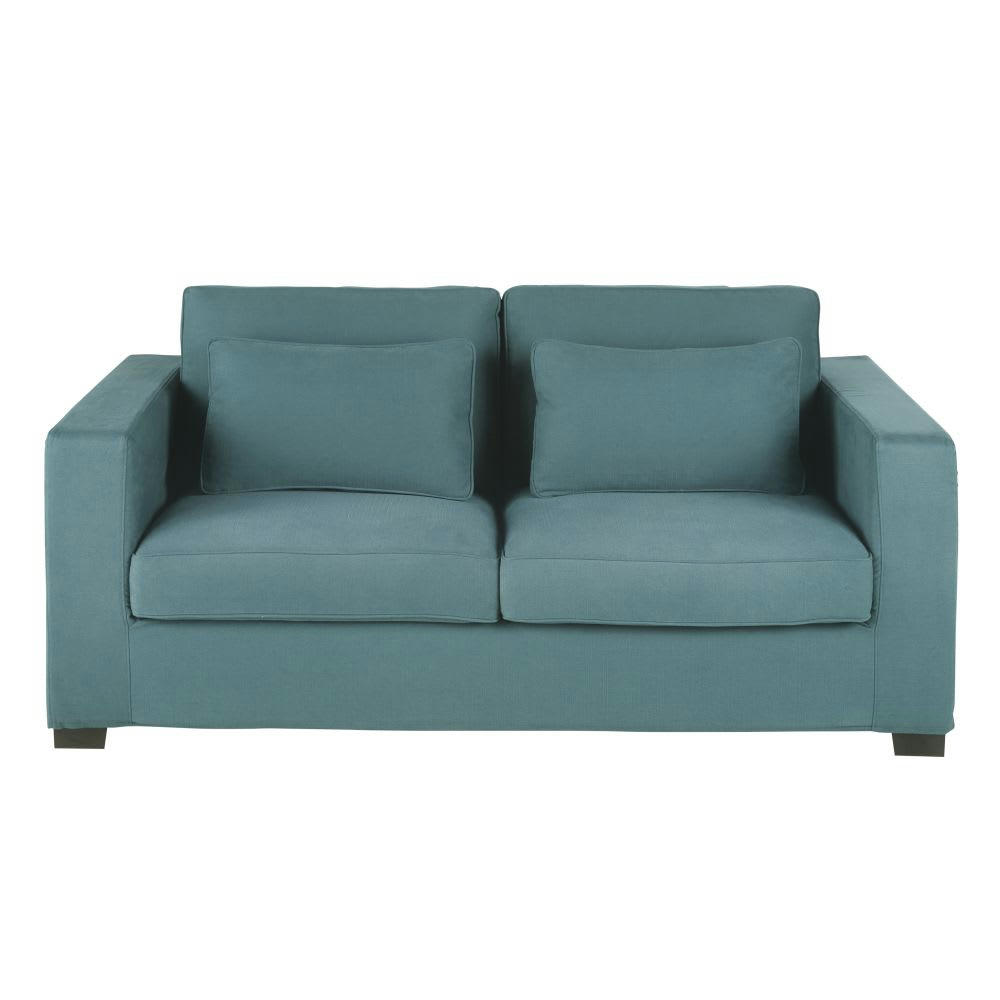 Milano - Canapé convertible 2/3 places en coton et lin bleu canard, matelas 6 cm