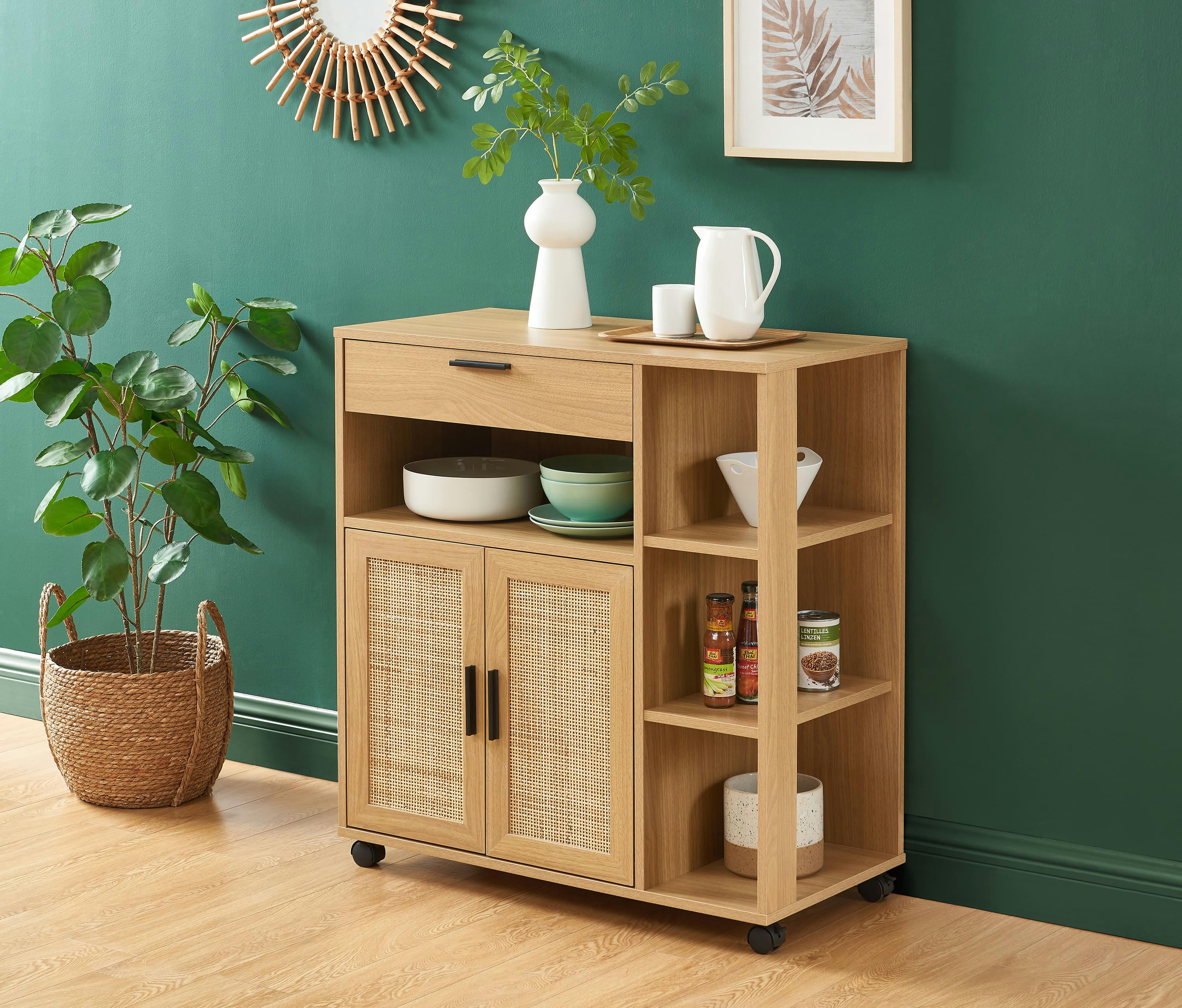 AMANA - Desserte de cuisine  effet chêne et cannage rotin avec