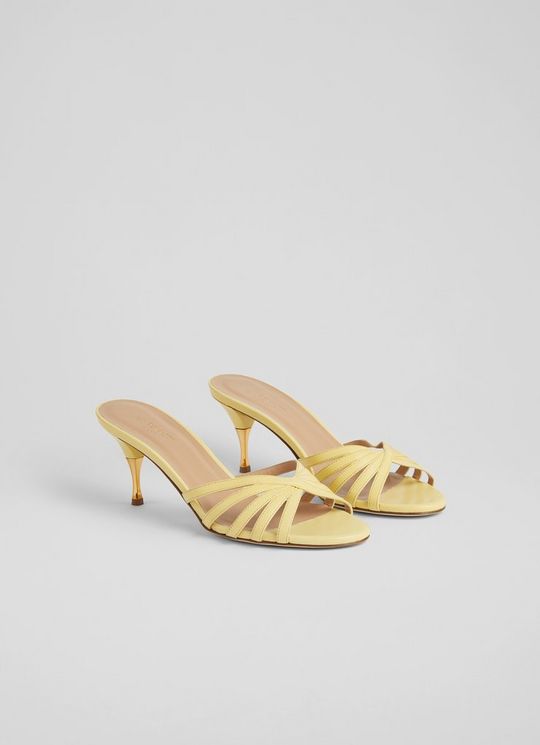 Kitty Yellow Leather Strappy Kitten Heel Mules