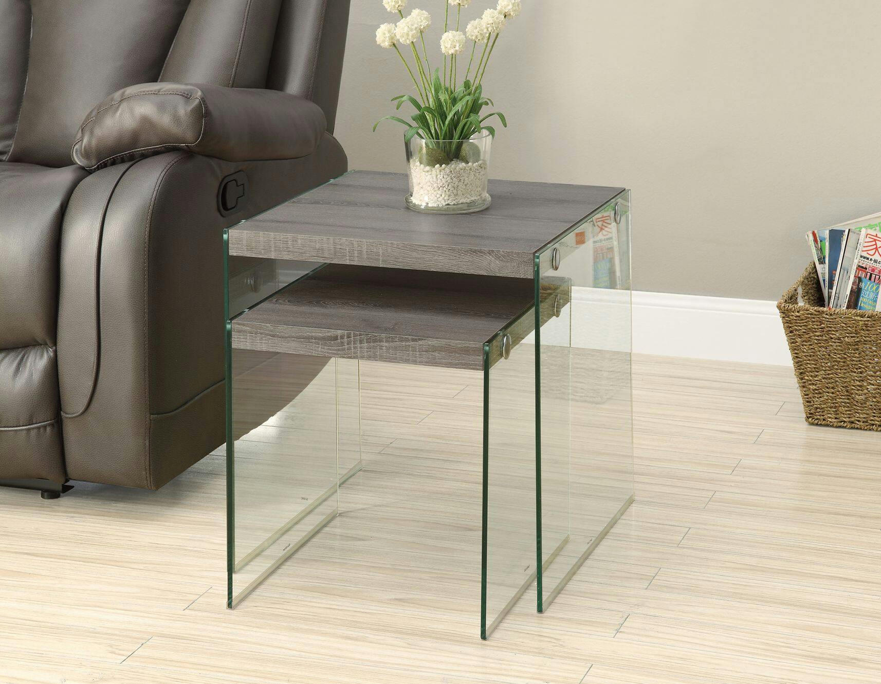 Monarch Square Nesting End/Side Accent Tables With Glass Legs (2-Piece Set), White