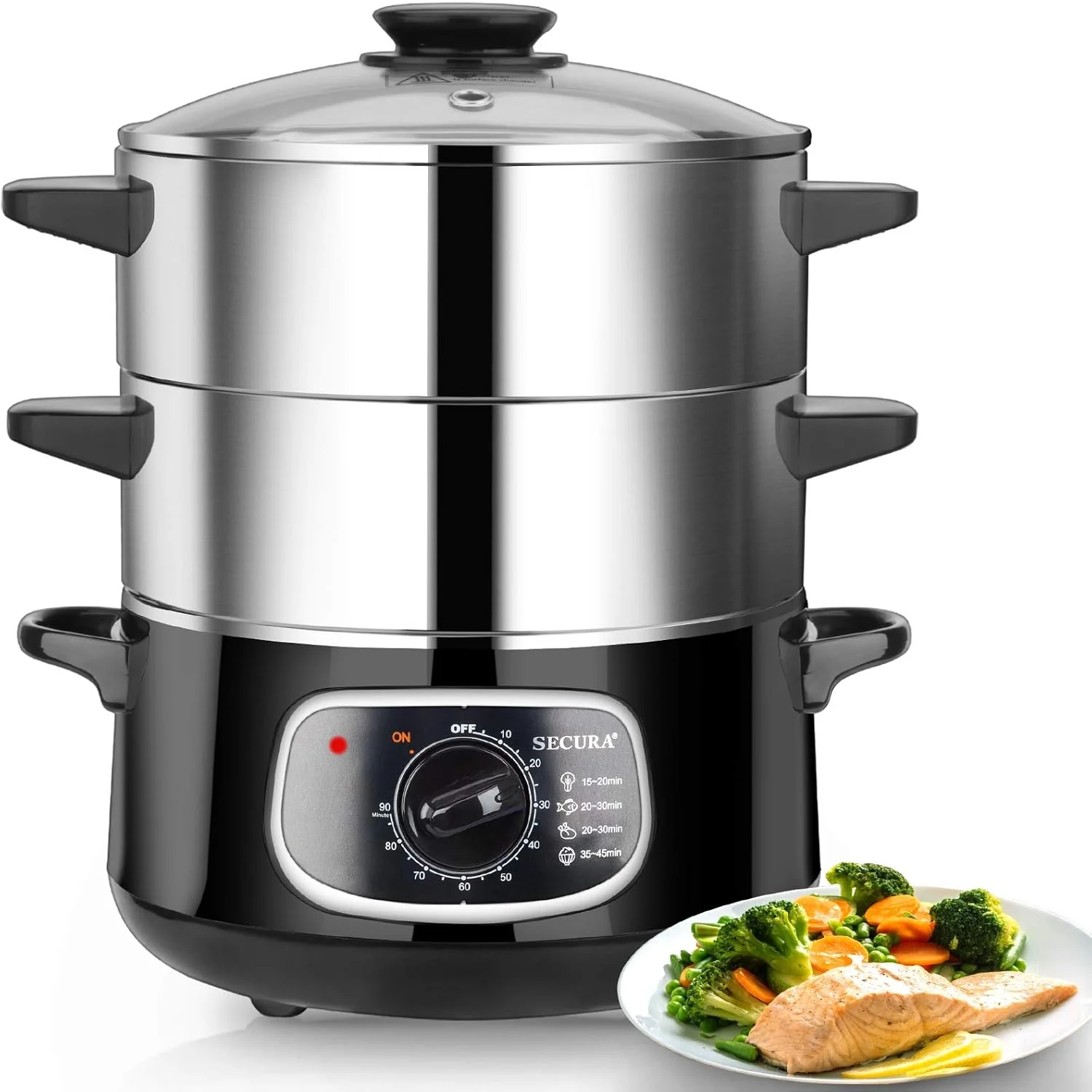 2 stainless steel food steamers, 8.5 liters capacity, electric glass-covered vegetable steamer, double-layer stackable steaming basket, with timer included