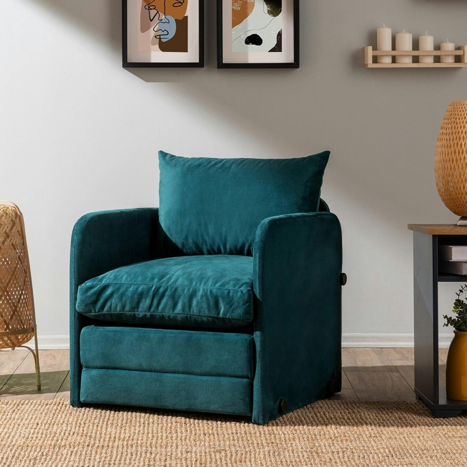 Fauteuil convertible velours bleu lagon couchage 200 cm ORURO