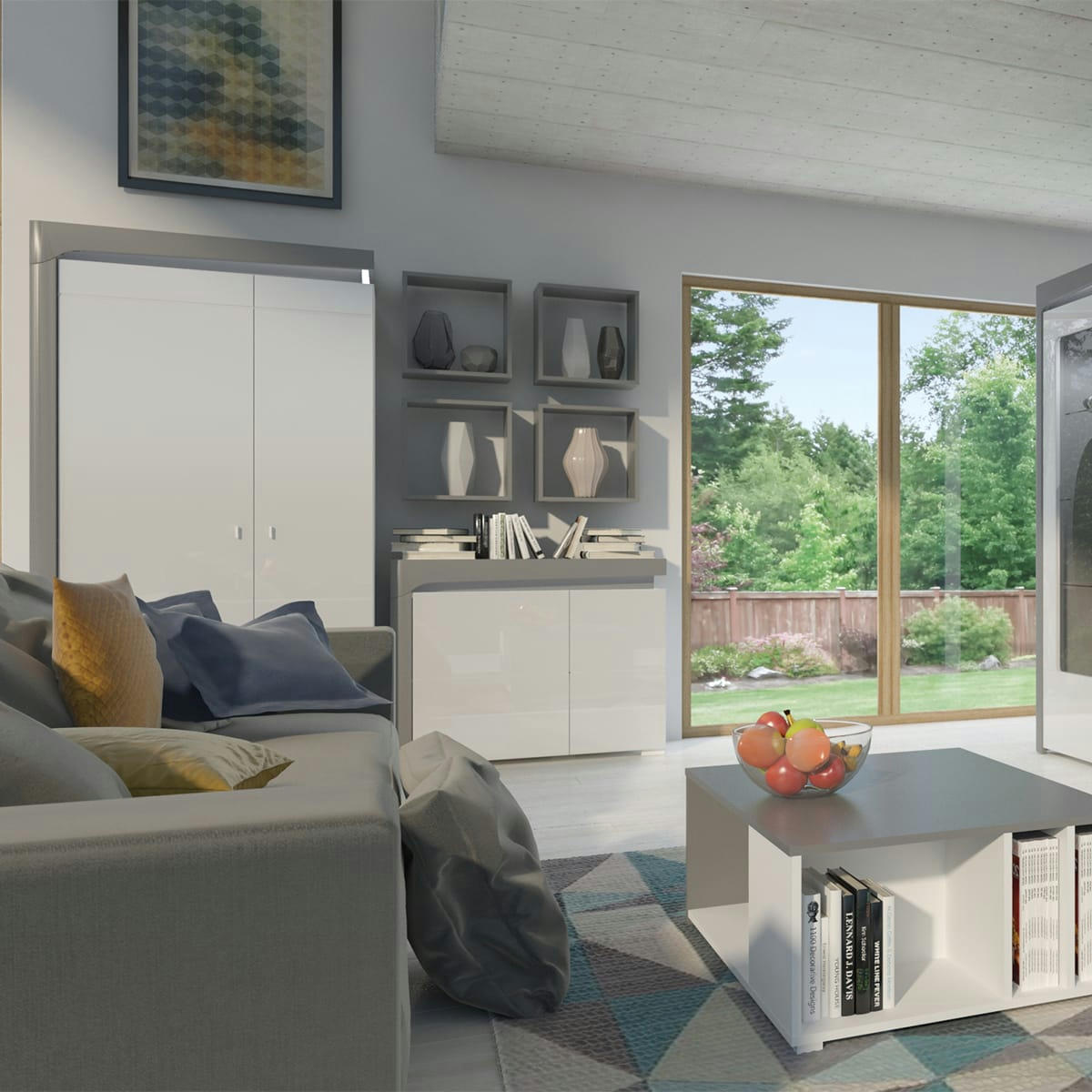 - Buffet 2 portes LED inclus stratifiés blanc et gris