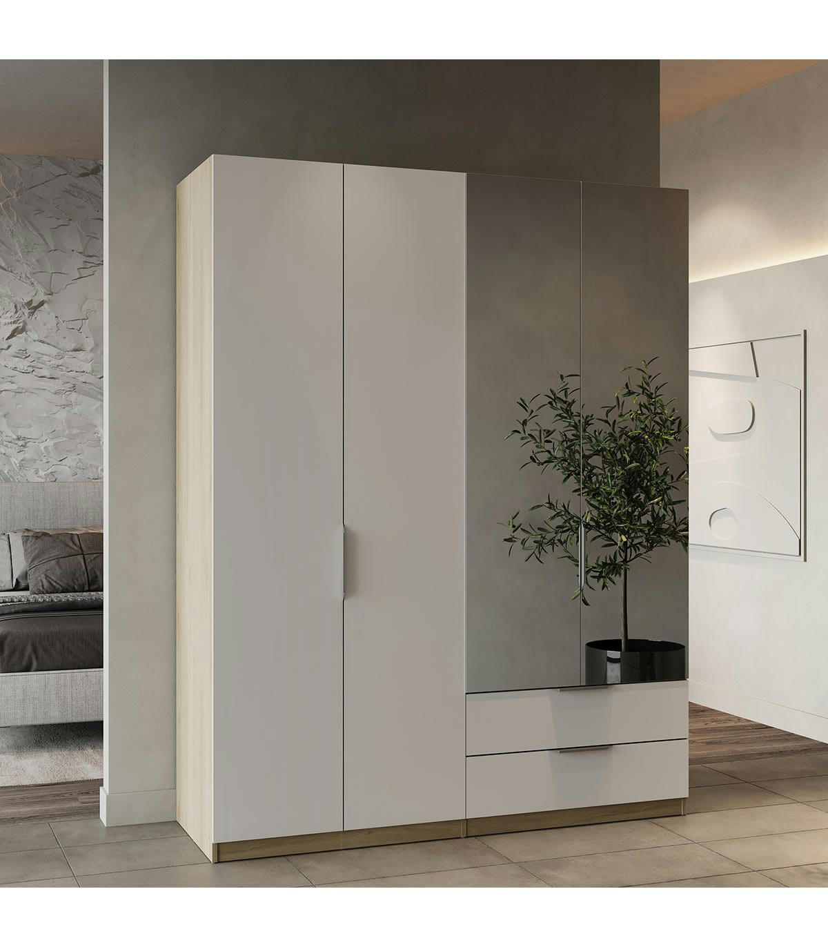 GHOST - Armoire 4 portes, 2 tiroirs et 2 miroirs - L157,3 cm