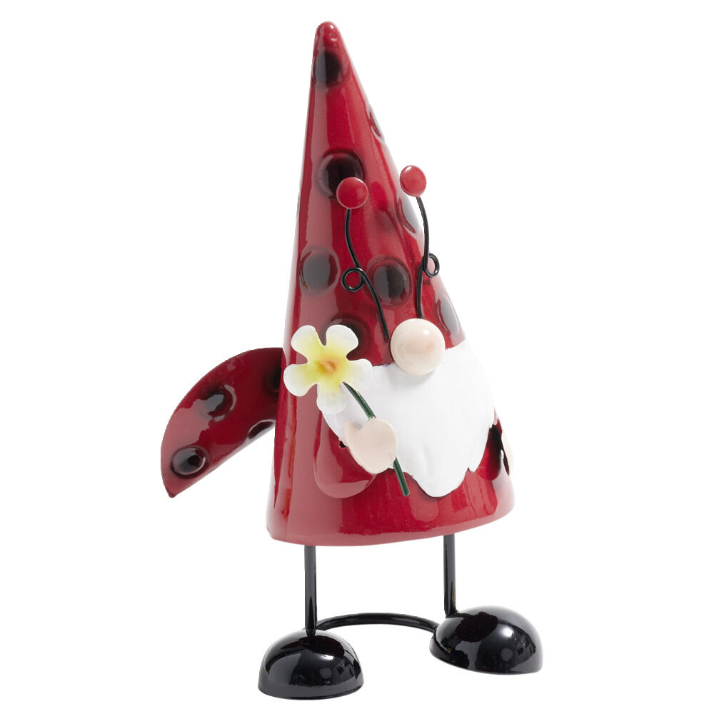 Nain de jardin gnome en métal à poser motif coccinelle 12x8xH21cm