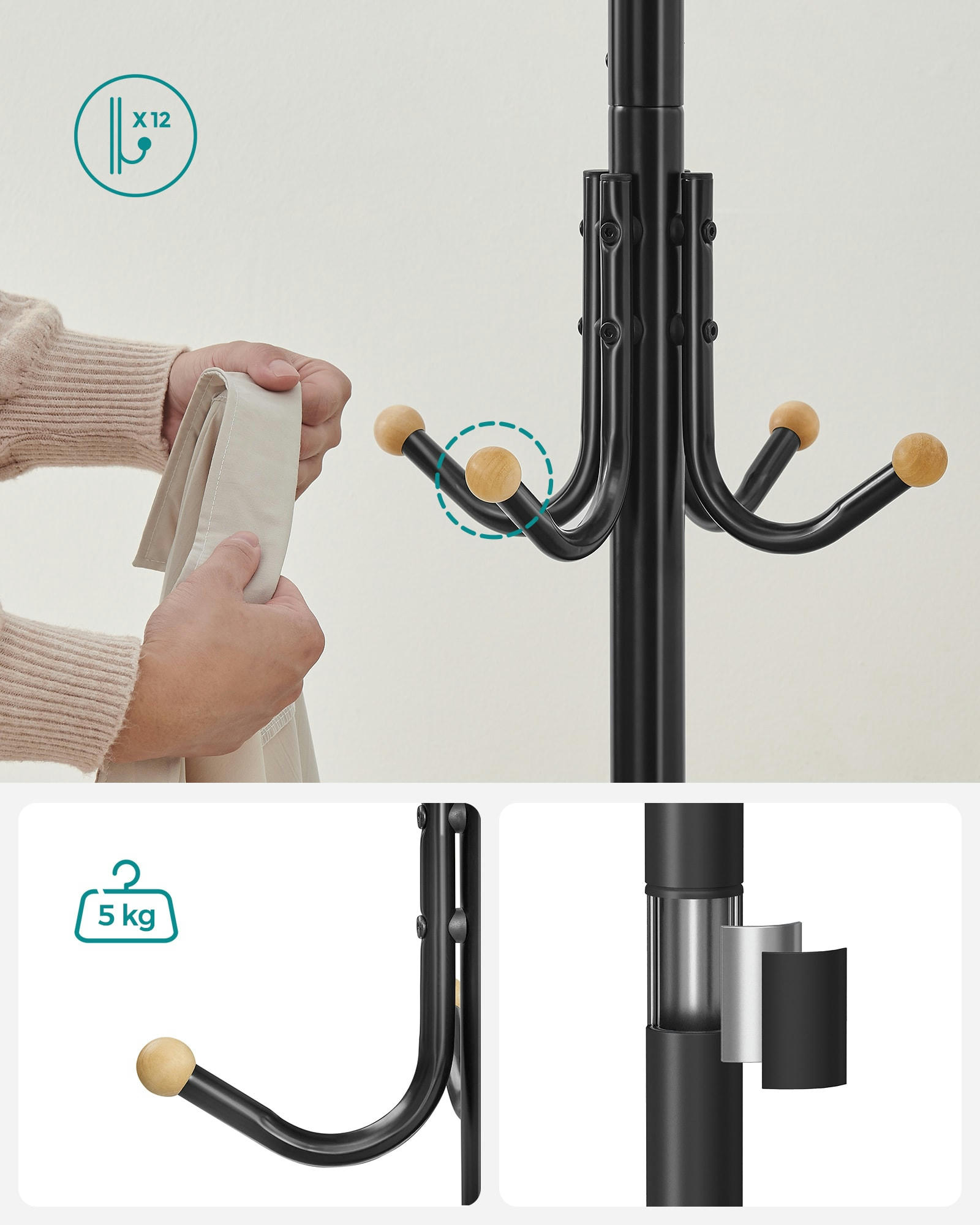 - Porte-manteau sur pieds  avec 12 crochets, 4 pieds noir