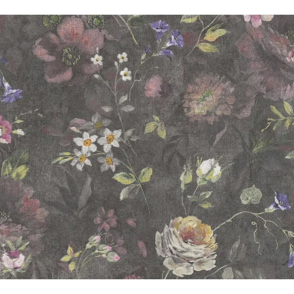 A.S. Cr&eacute;ation behang bloemen zwart, meerkleurig, groen, wit en roze