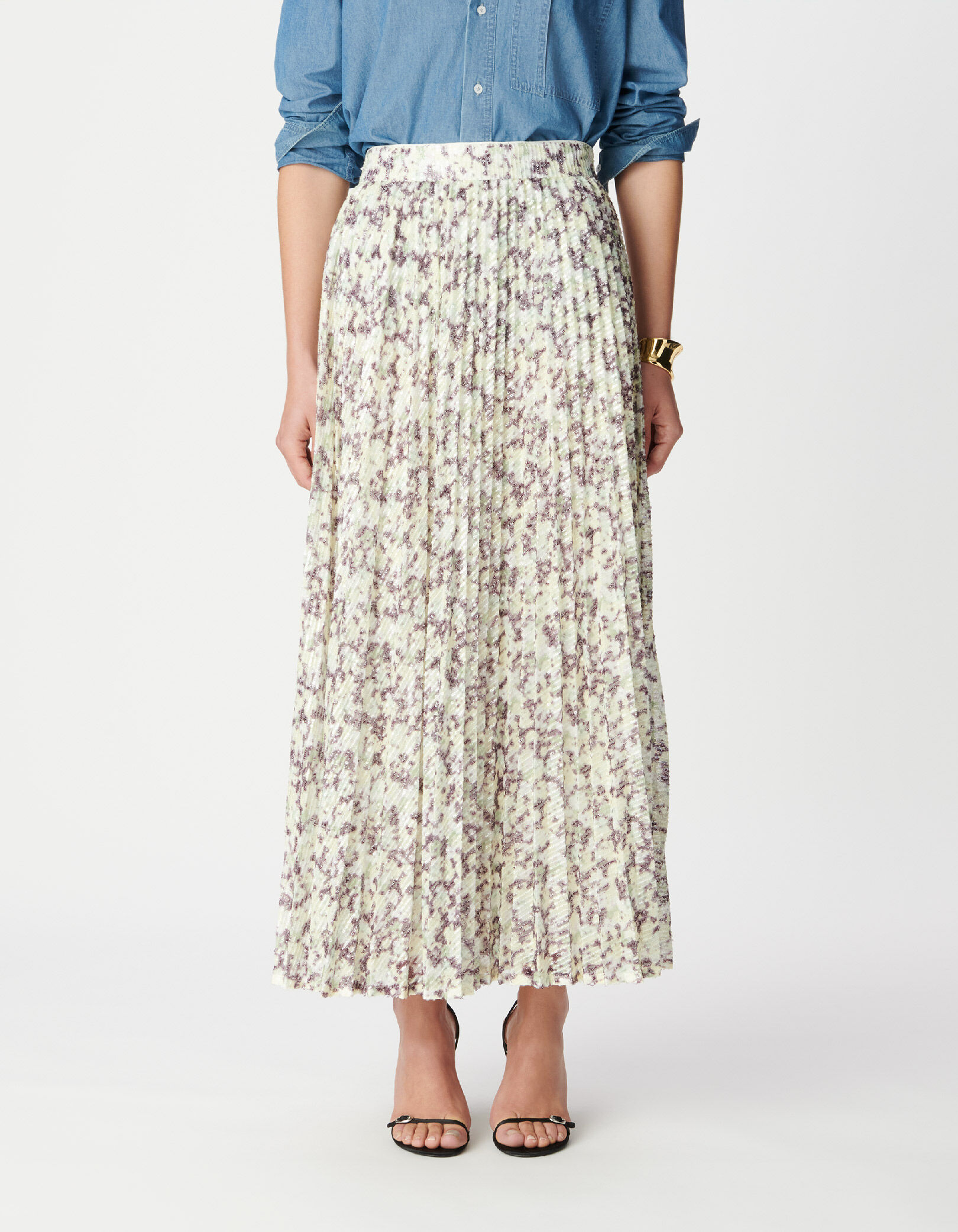 Jupe plissée verte camouflage broderies sequins Femme