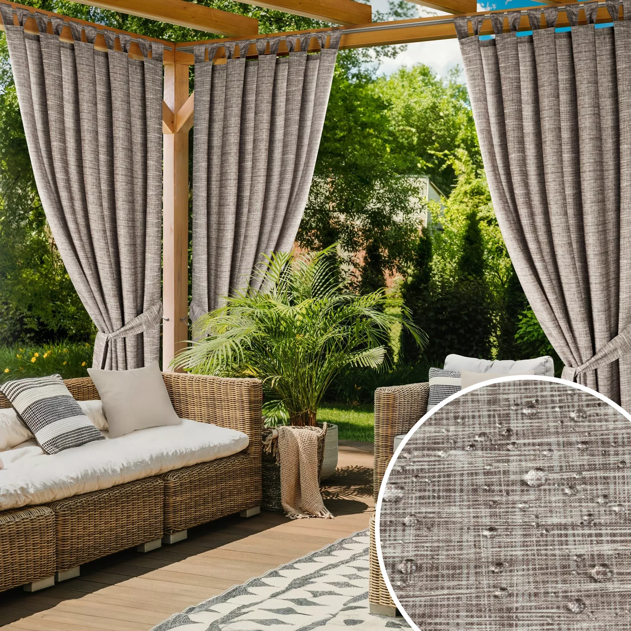 Zasłona brązowo, kremowa z wodoodpornej tkaniny idealna do ogrodu i na taras 155x260 cm szelki/rzep - GARDEN