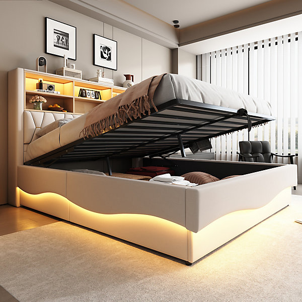 Lit 180x200 cm avec éclairage LED pilotable et grand rangement hydraulique, tête de lit tapissée lin beige