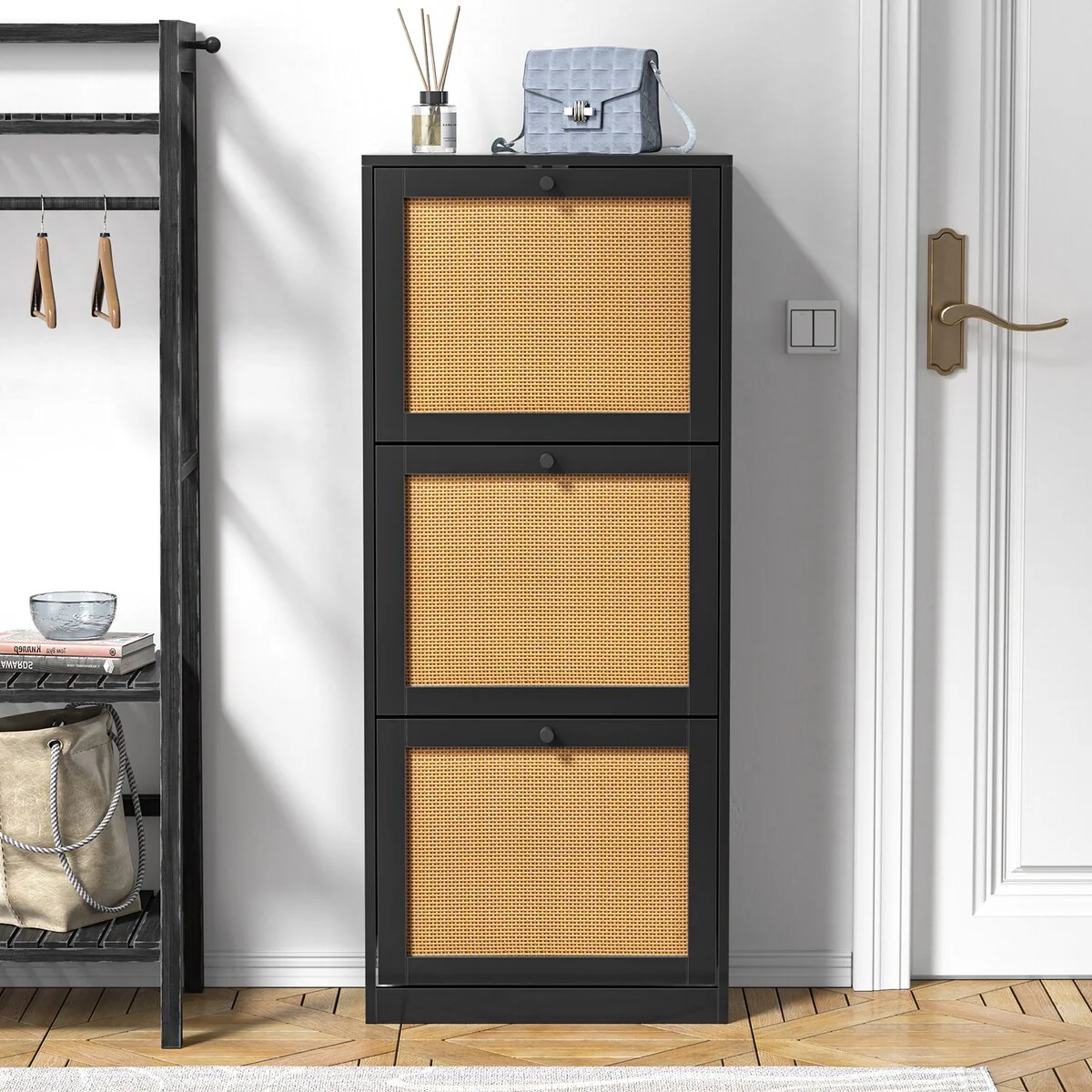 18 Pairs Black Shoe Storage Cabinet Wood Shoe Rack Organizer with 3 Flip Drawers for Entryway - 3-Tier