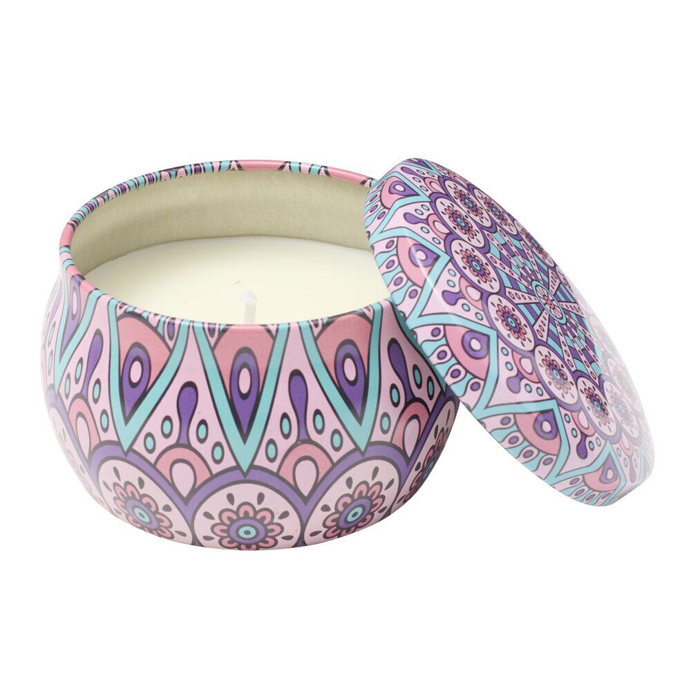Bougie parfumée dans pot métal motif indien coloré 10H (3 modèles)