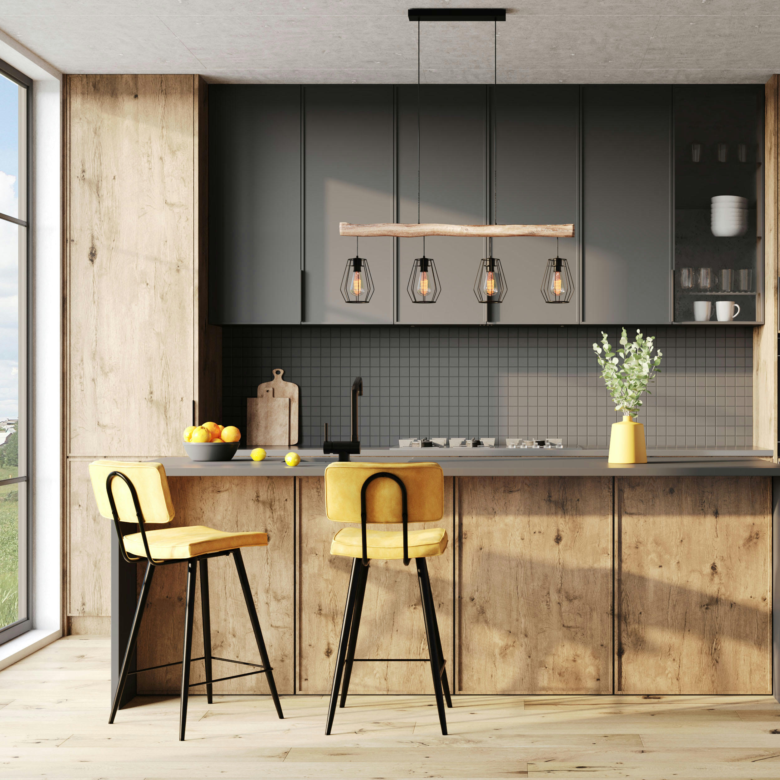 TEXAS - Chaise de bar mi-hauteur 66 cm cuir synthétique jaune (x2)