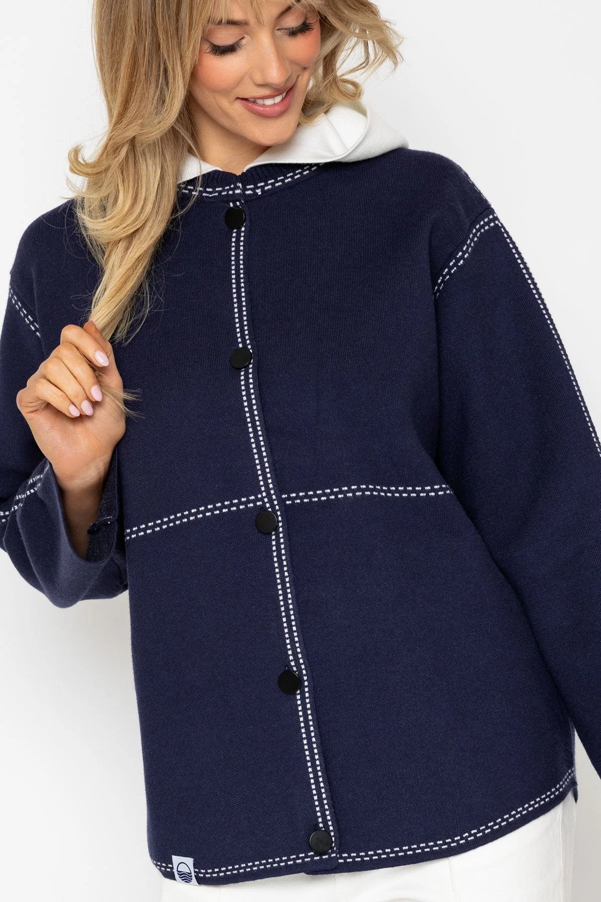 Navy Knitted Jacket With Contrast Stitch Detail