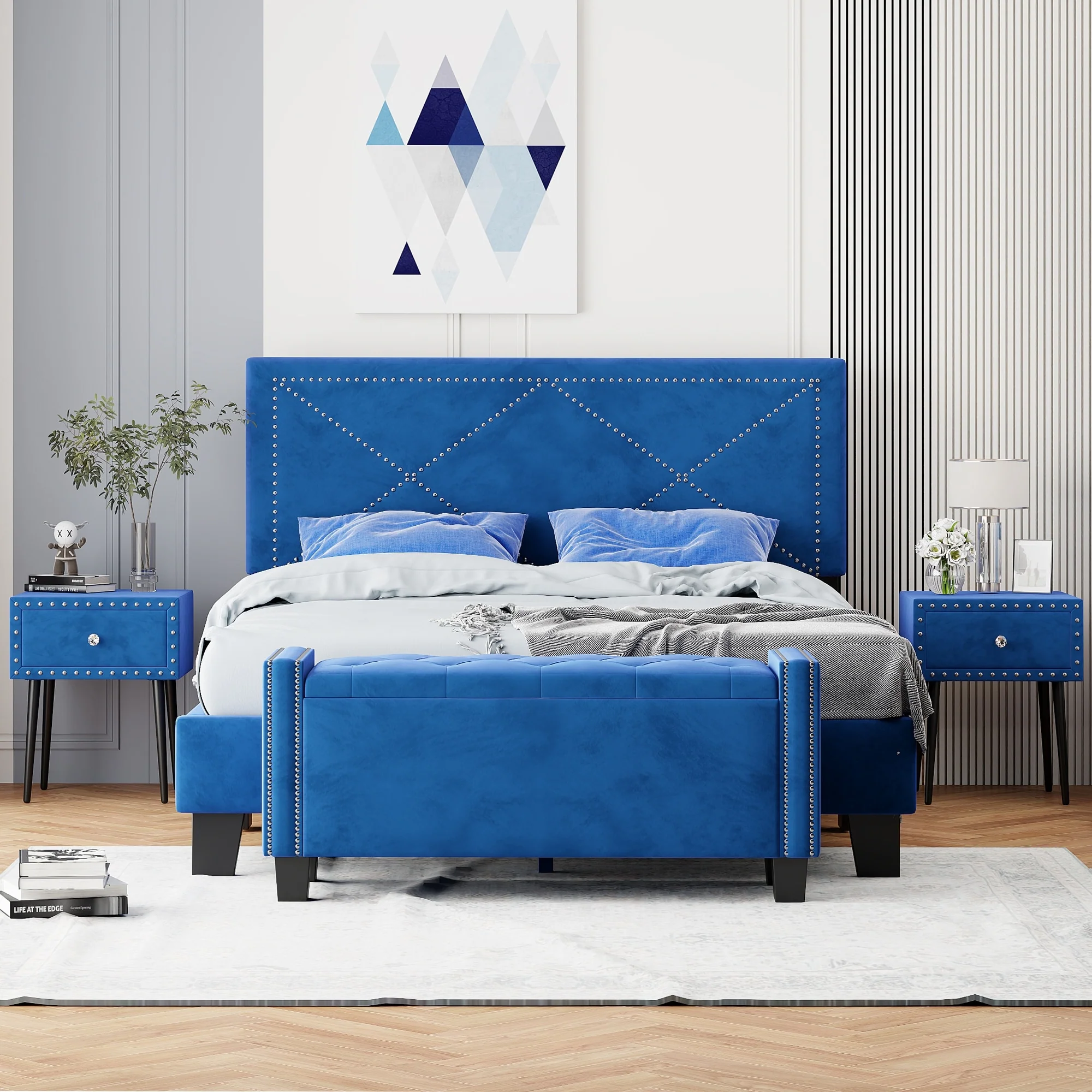 4-Piece Bedroom Set Queen Size Upholstered Bed with Nightstands and Ottoman