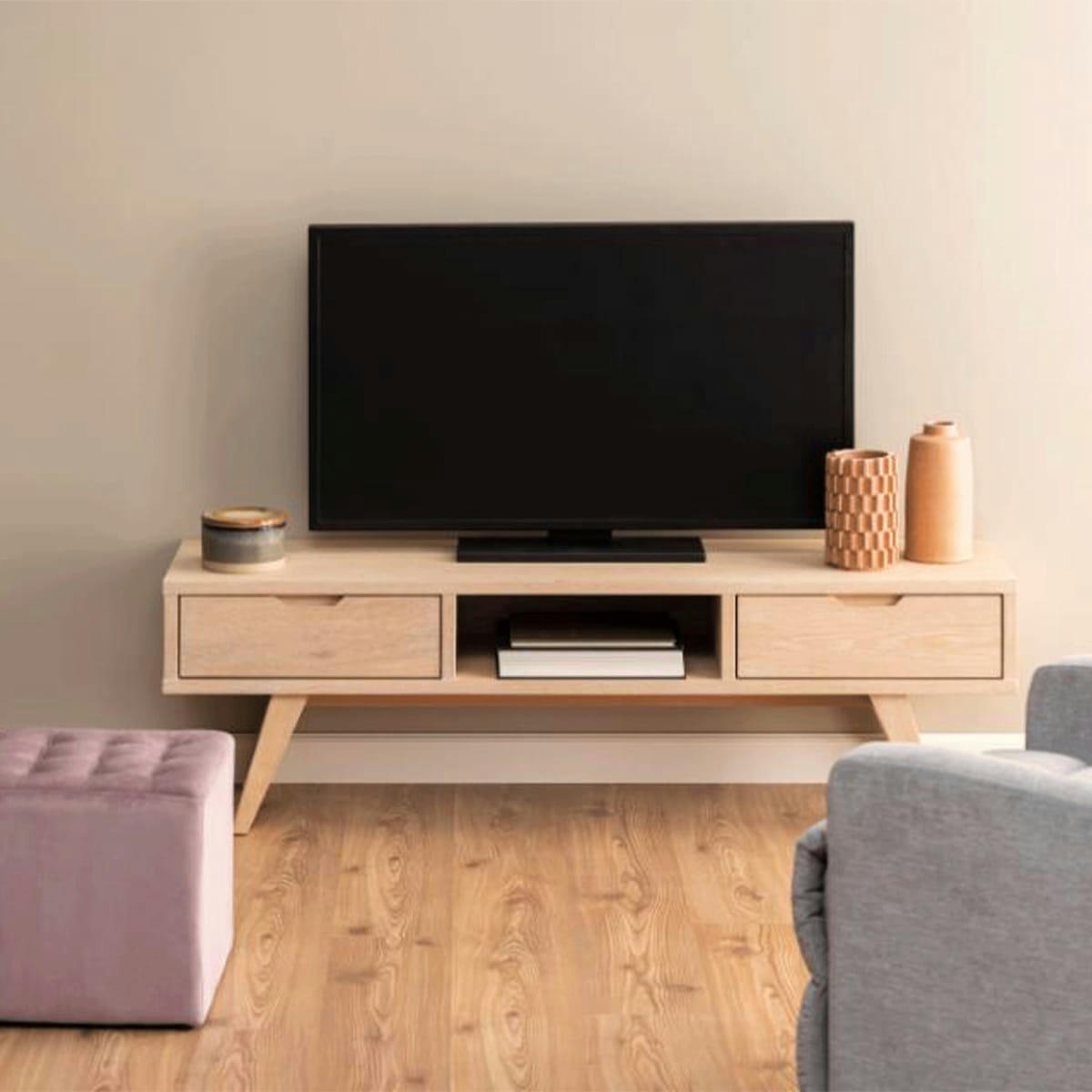 LINA - Meuble TV 150cm en bois clair 2 tiroirs 1 niche