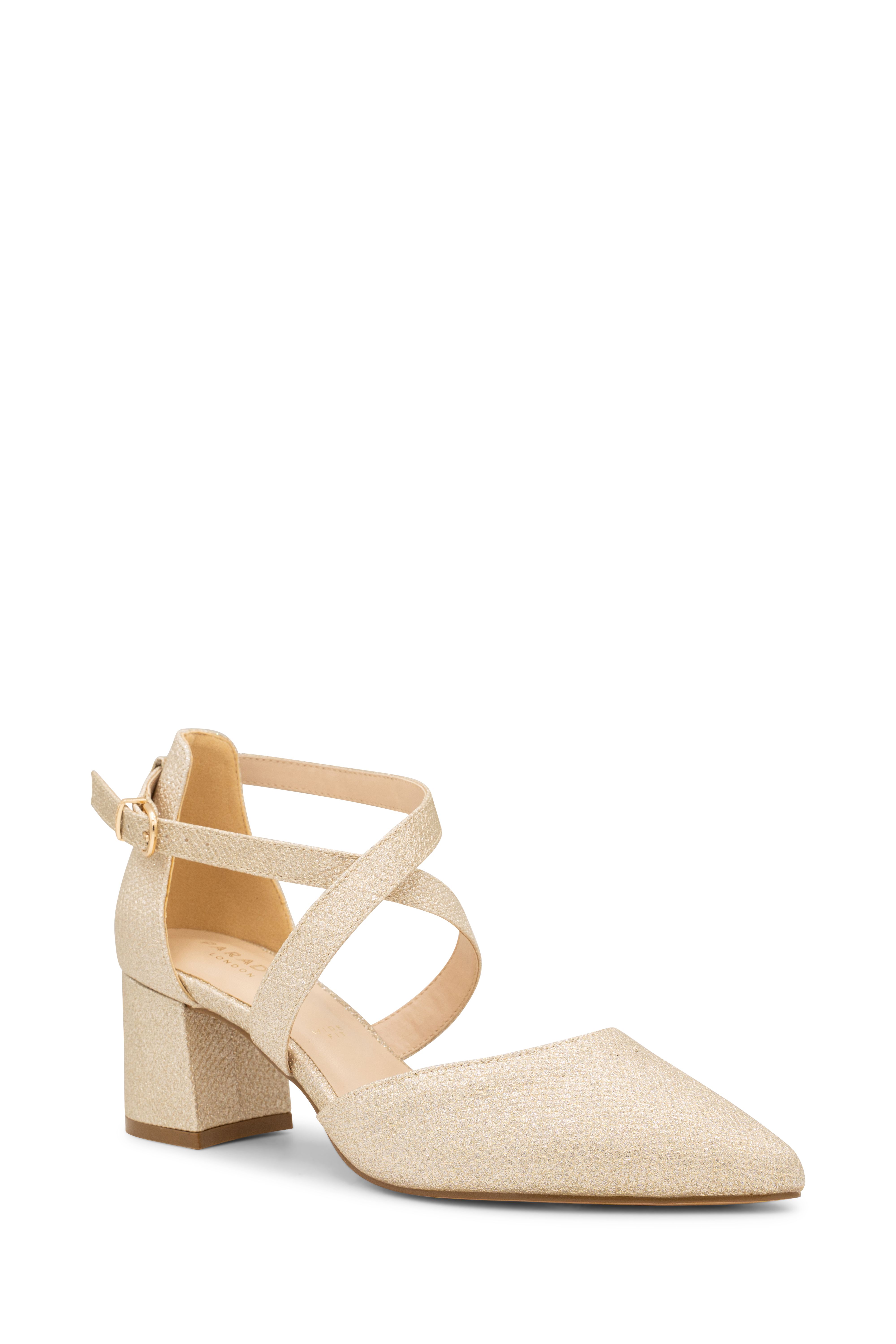 Paradox London Shimmer 'Farrah' Wide Fit Mid Block Heel Cross Strap Court Shoe