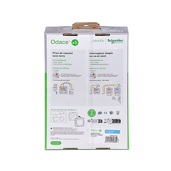 5 prises affleurantes Odace A 2 ports avec terre Schneider Electric