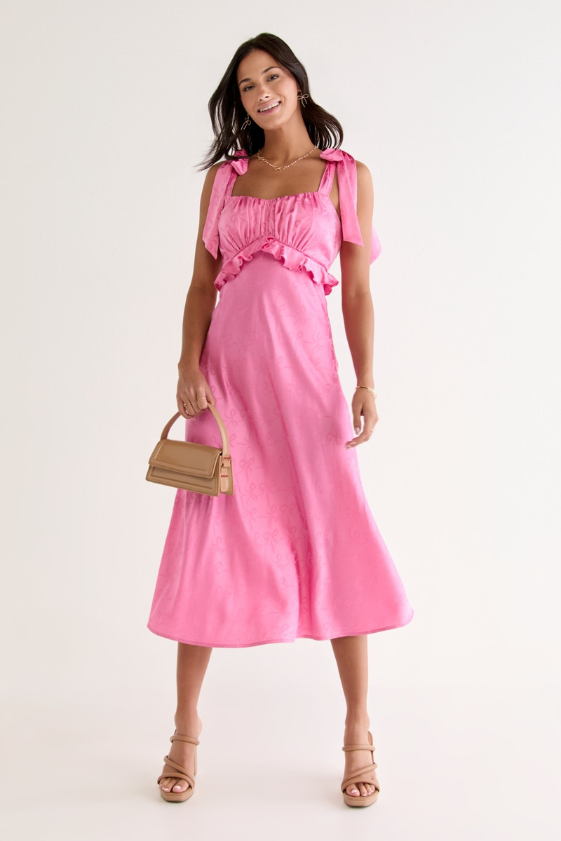 Rita Ruched Bow Jacquard Midi Dress Pink
