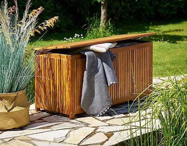 Coffre de Rangement en Bois d Acacia Brun Boite Caisson avec Bache Interieure pour Exterieur Jardin et Terrasse