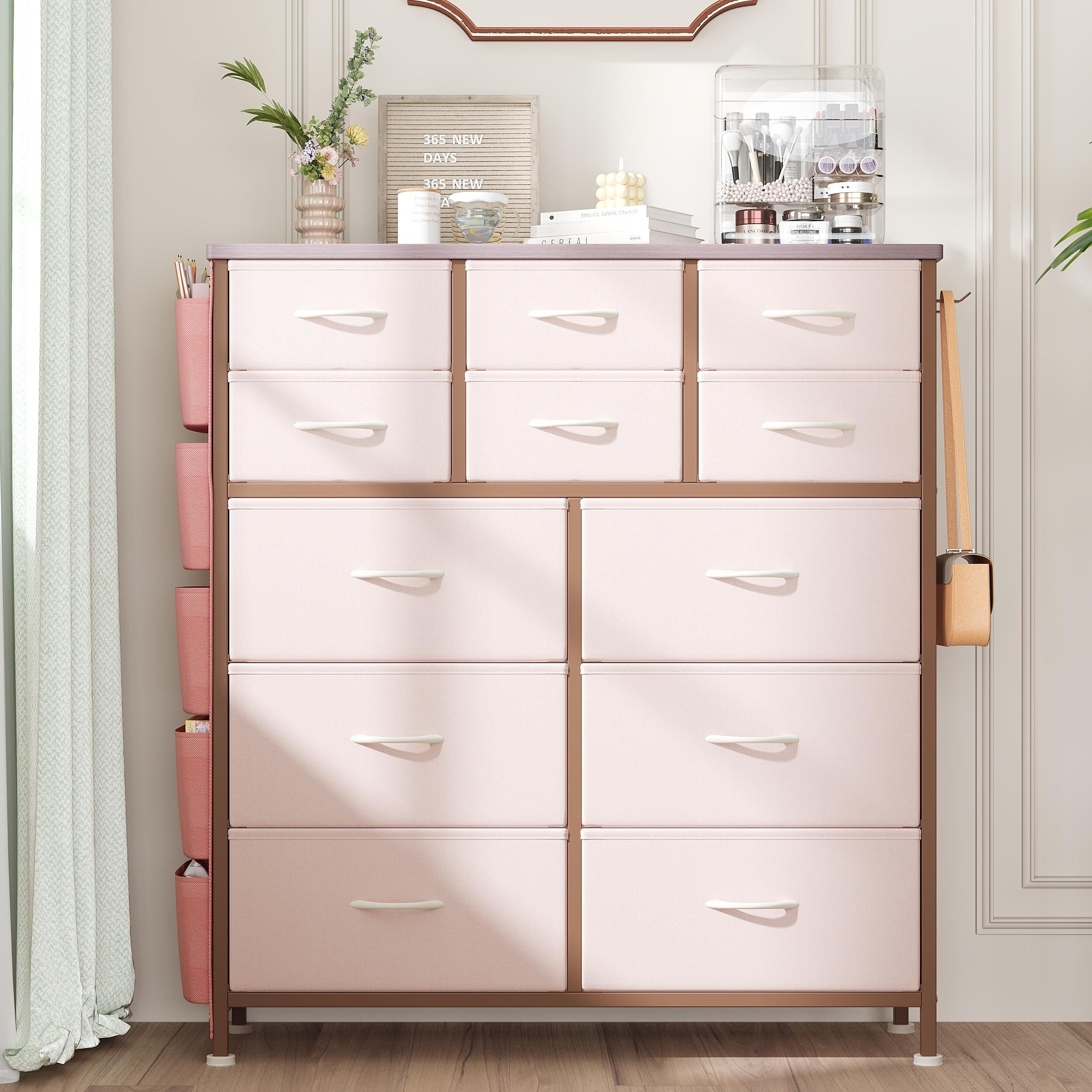 12- Drawer Dresser, Chest of Drawers for Living Room with 5 Side Pockets and 2 Hooks,Fabric Storage Organizer