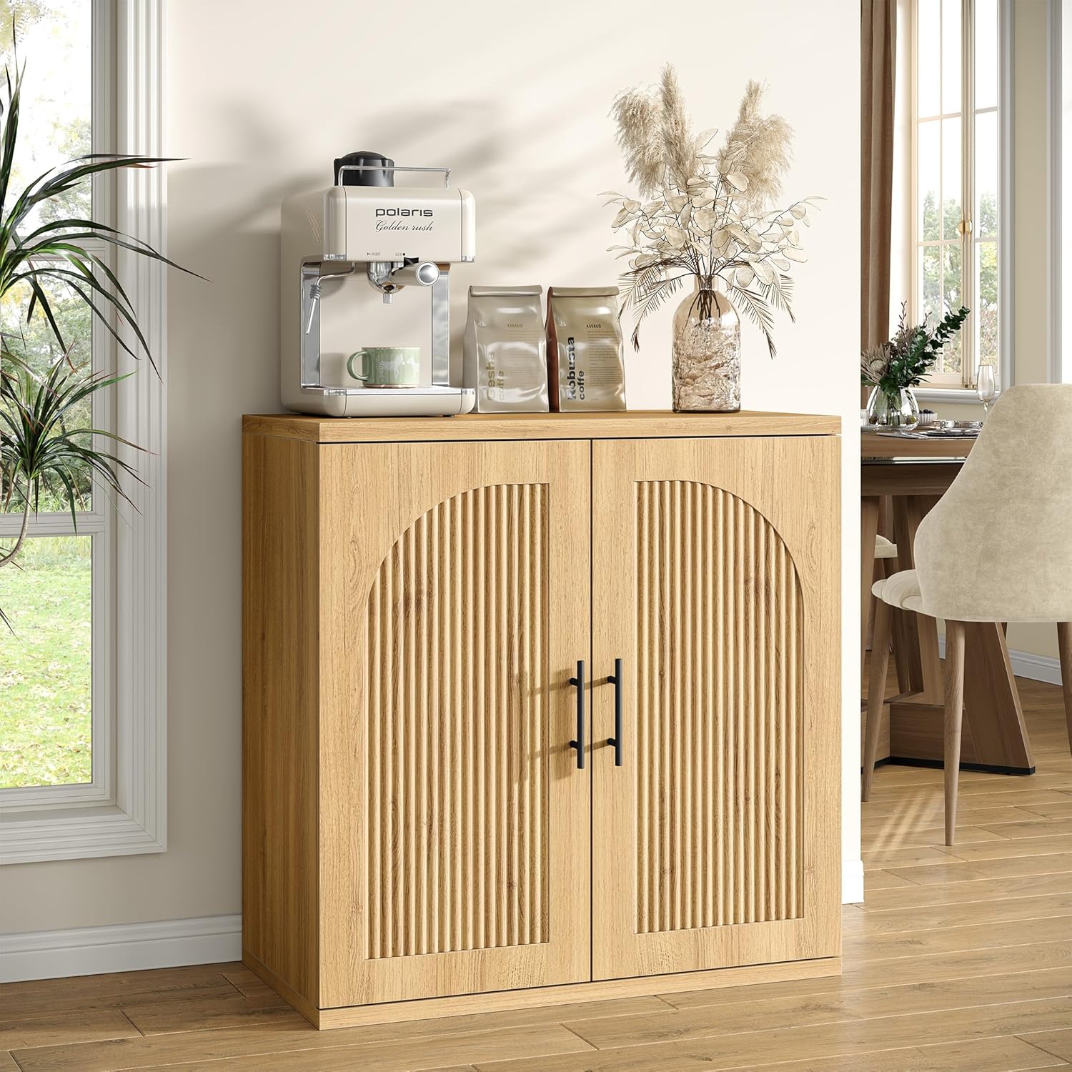 Furniouse Fluted Buffet Cabinet with Storage Sideboard Cabinet with Adjustable Shelf, Modern Accent Cabinet with Fluted Arched Doors for Living Room, Dining Room, Natural Oak