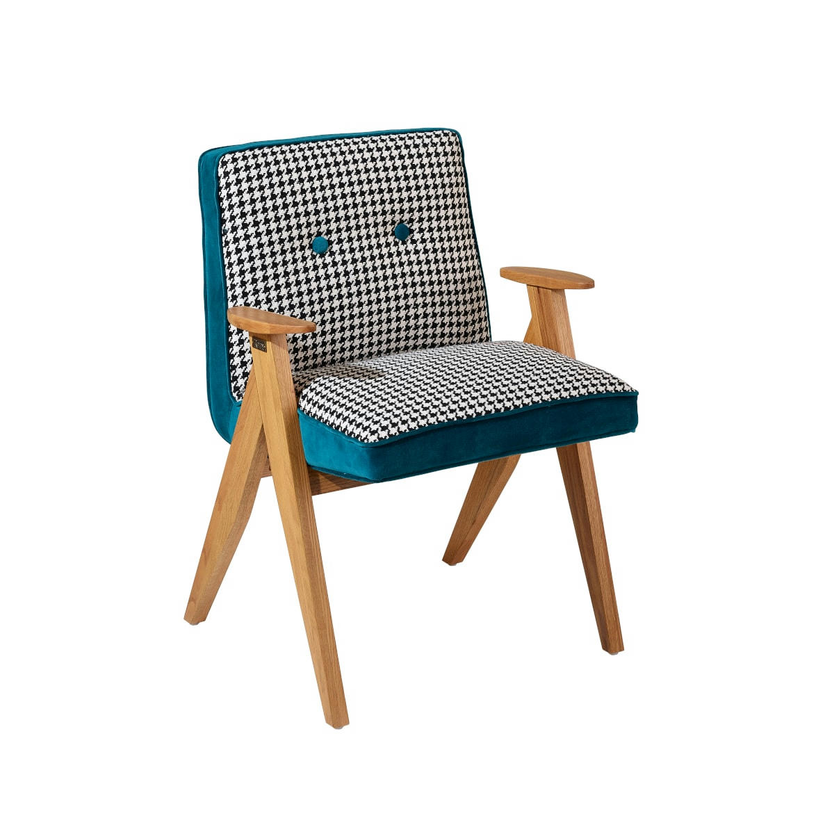 BILLY - Fauteuil tissu pied de poule et velours bleu canard