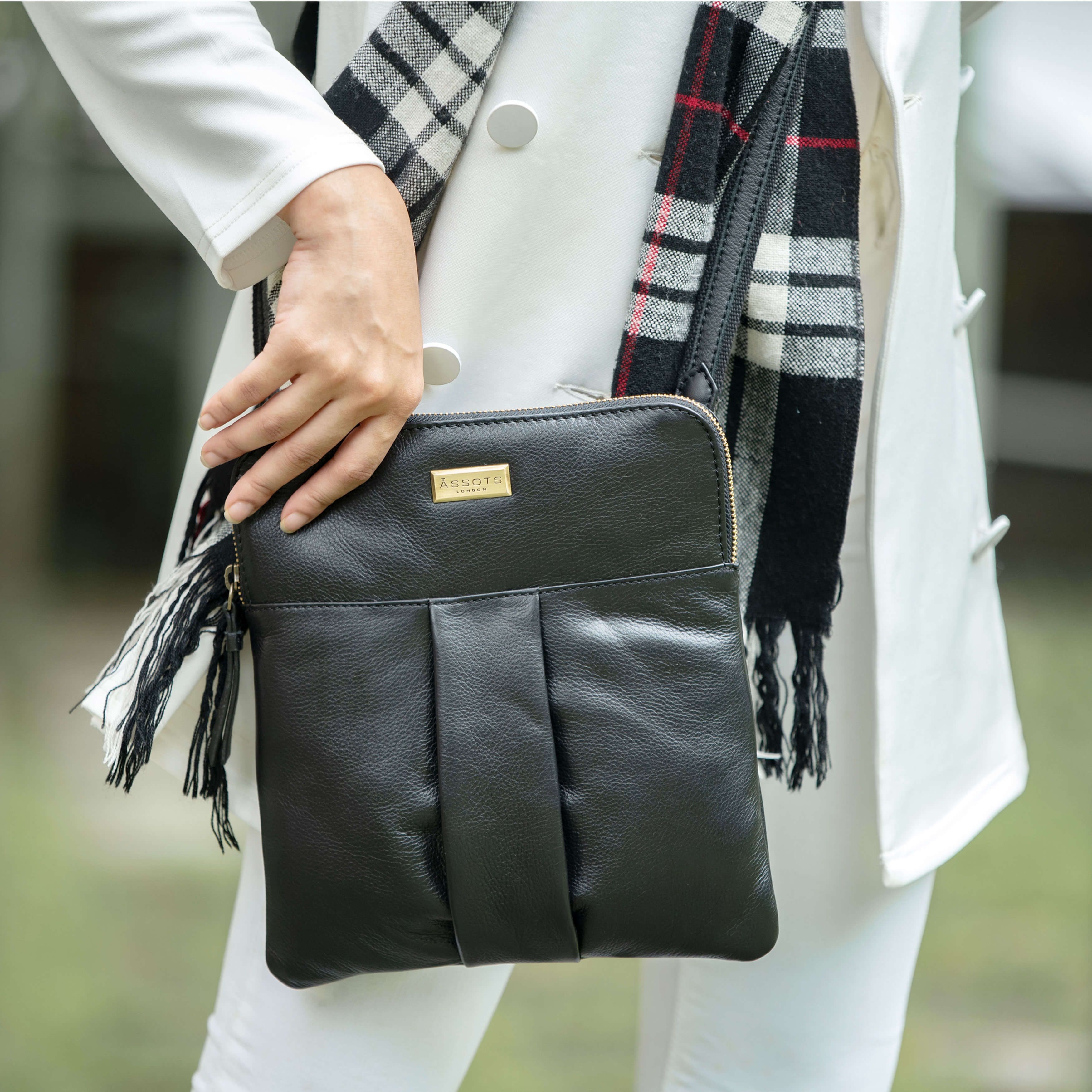 Assots London ELSIE' Pebble Grain Leather Zip Top Crossbody Bag