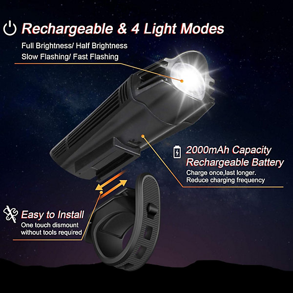 BASHLWUA Ensemble d'éclairage de vélo rechargeable USB ultra-lumineux, éclairage avant et arrière puissant, 4 modes d'éclairage
