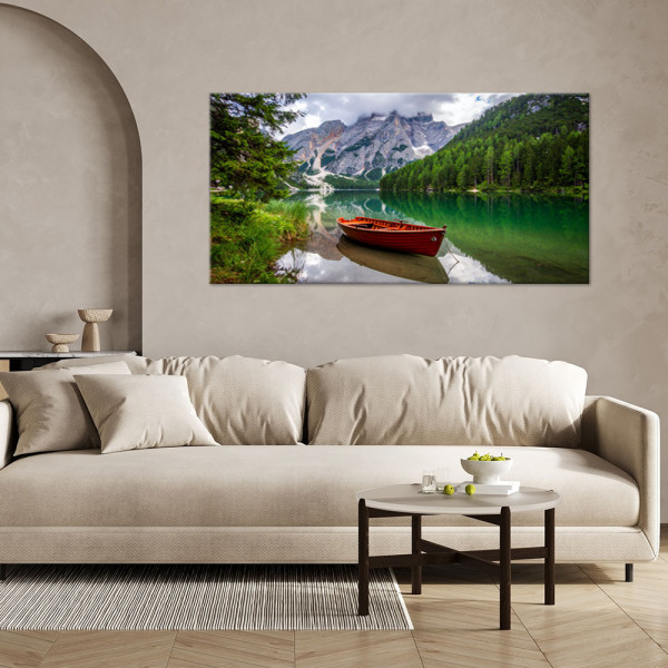 Obraz do salonu sypialni biura, Jezioro łódka góry pejzaż 80x40