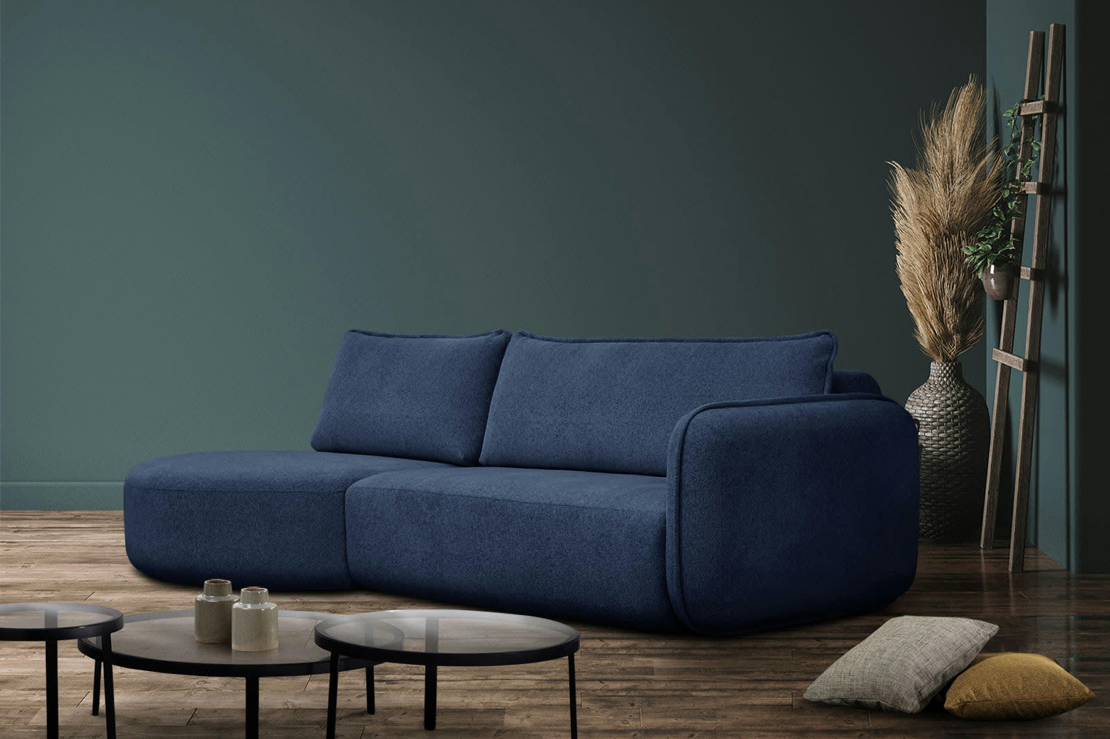 IPSUM - Canapé d'angle gauche 3 places avec l'île tissu bleu