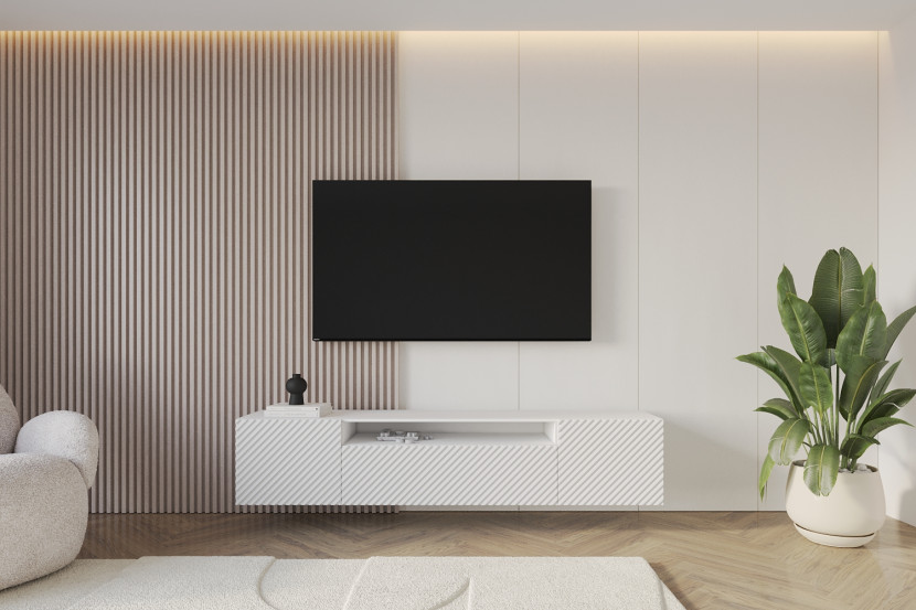 Szafka RTV z frezowanymi frontami wisząca ZENO-W - 200x40x41 cm - Biały