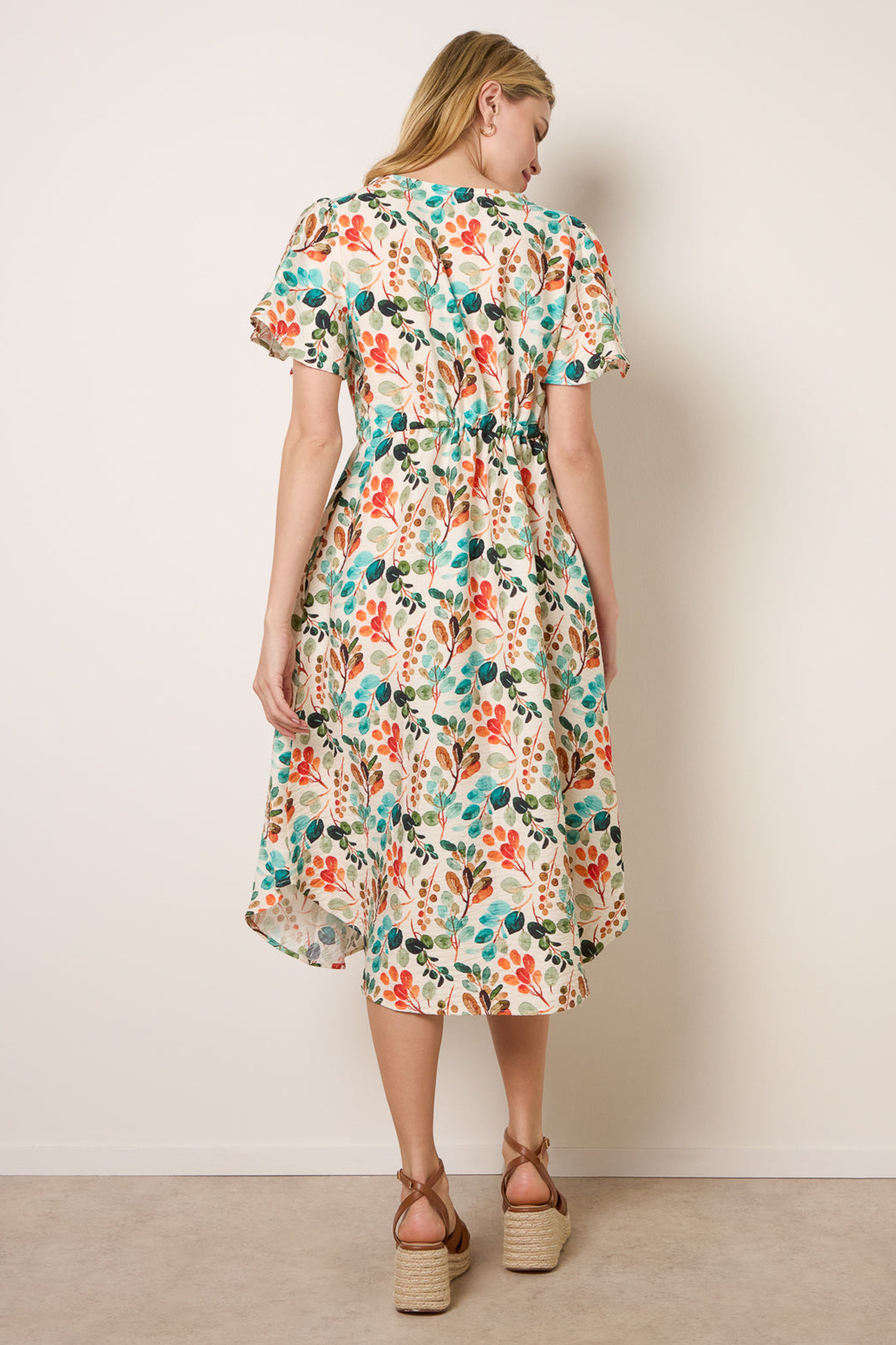 Blue Vanilla Cream Leaf Print Tie Waist Shirt Midi Dress